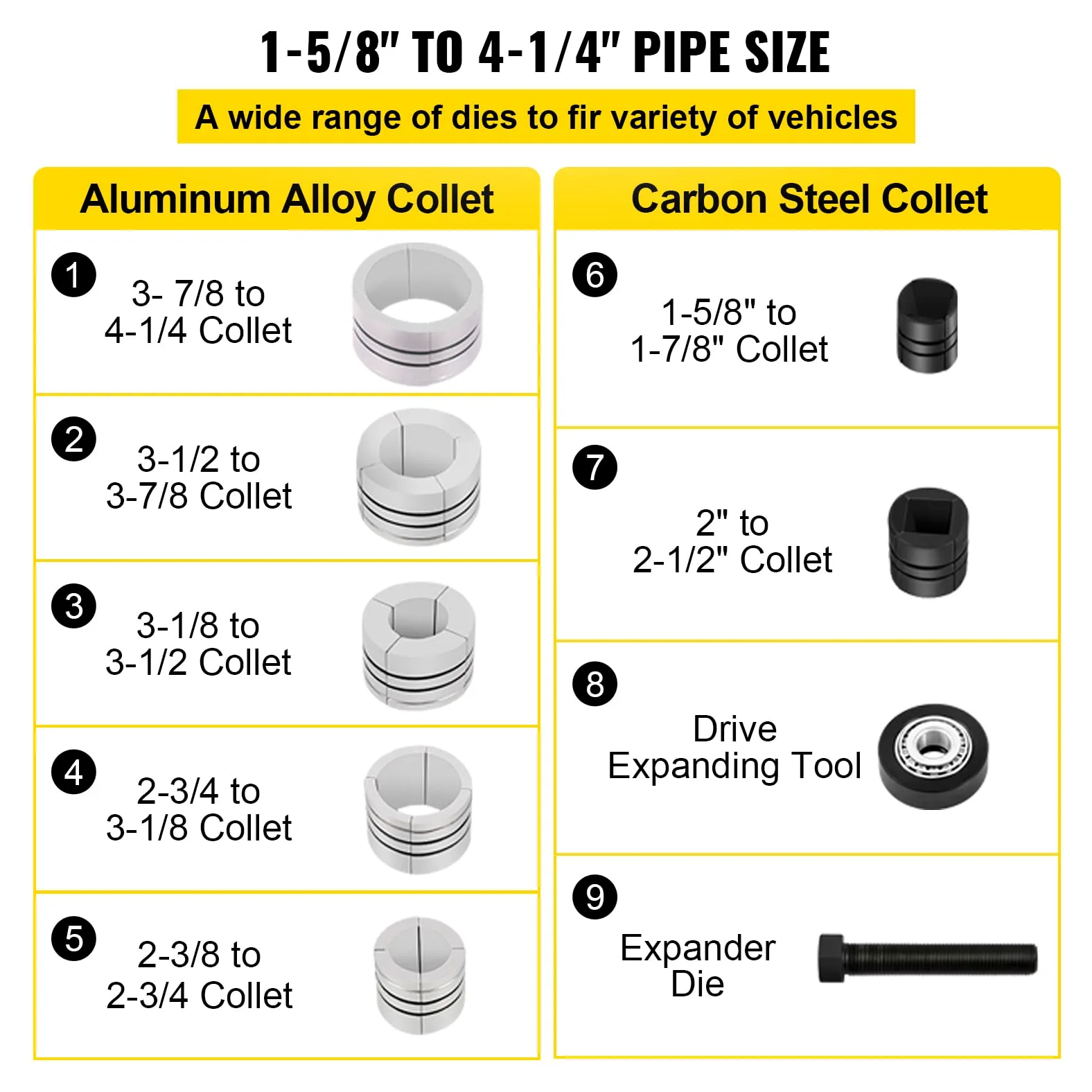 VEVOR Espansore Idraulico per Tubi di Scarico, Dimensioni da 1-5/8" a 4-1/4", Tenditubo Idraulico Manuale da 10 T con 4 Matrici e 2 Valigie di Conservazione per Tubi Riparazione Auto