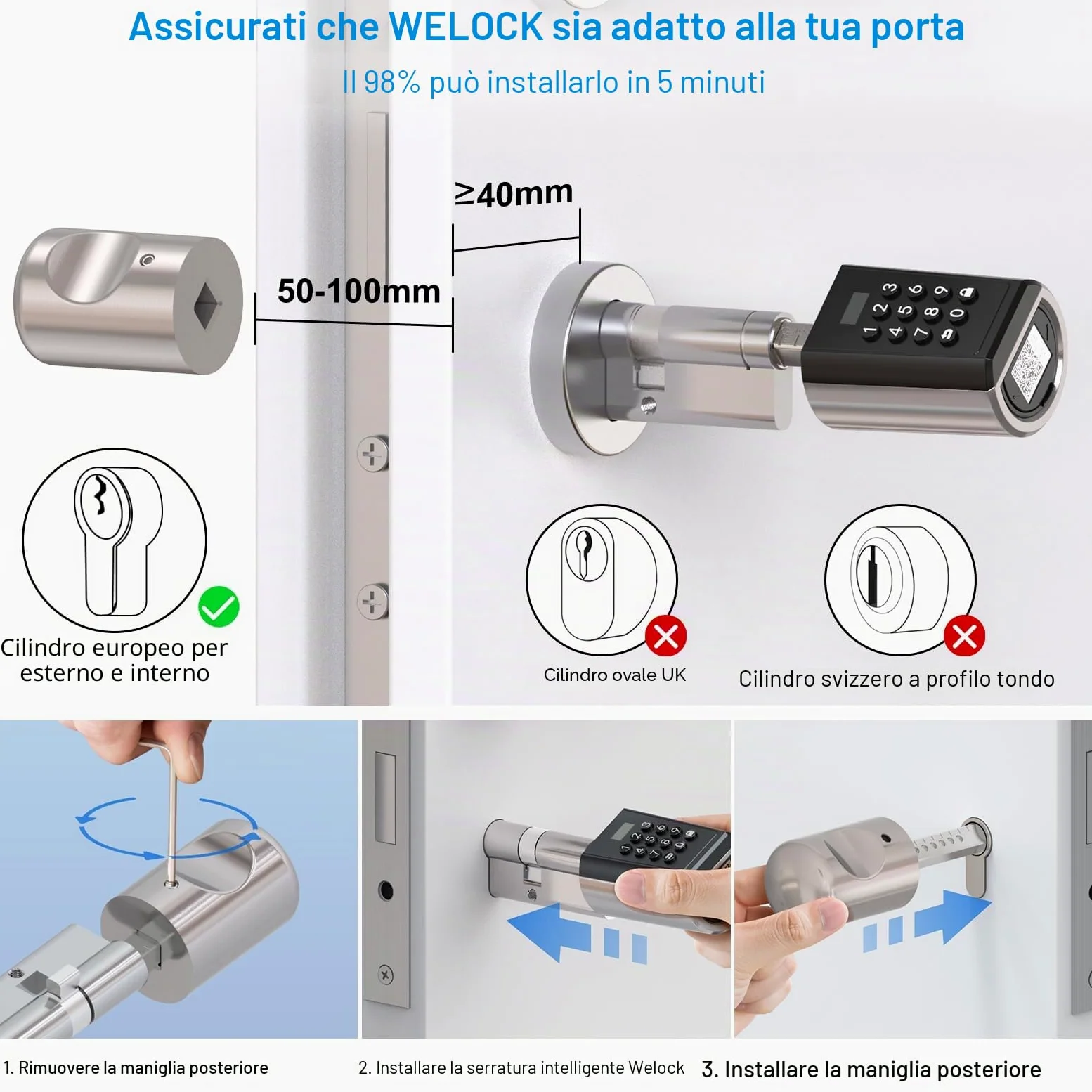 WE.LOCK PB Serratura Smart,serratura porta blindata con password e Bluetooth APP,serratura elettronica wifi,smart lock facile da installare