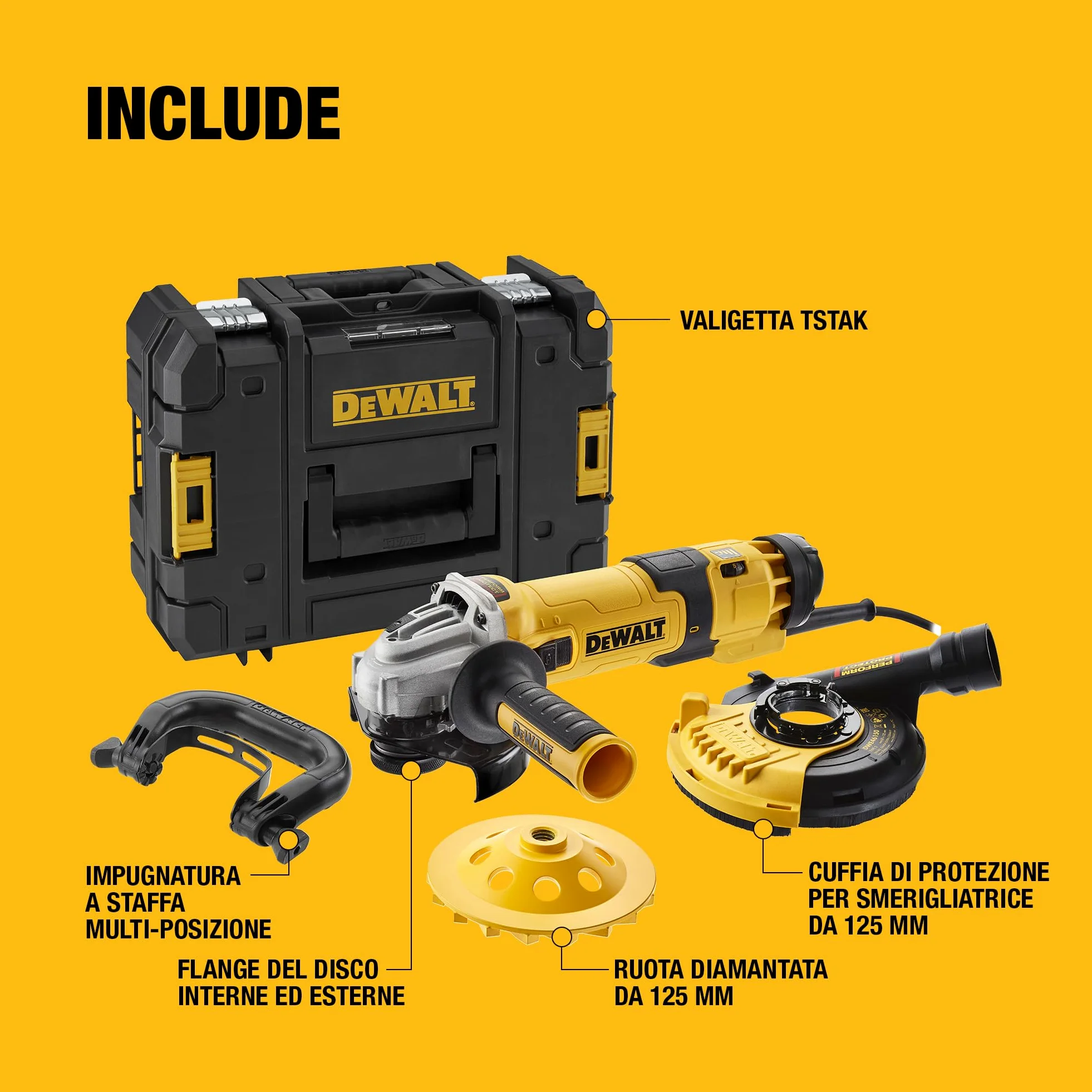 DEWALT 1500W 125mm Smerigliatrice Angolare a Velocità Variabile con Interruttore No-Volt - Kit di Levigatura, DWE4257KT-QS