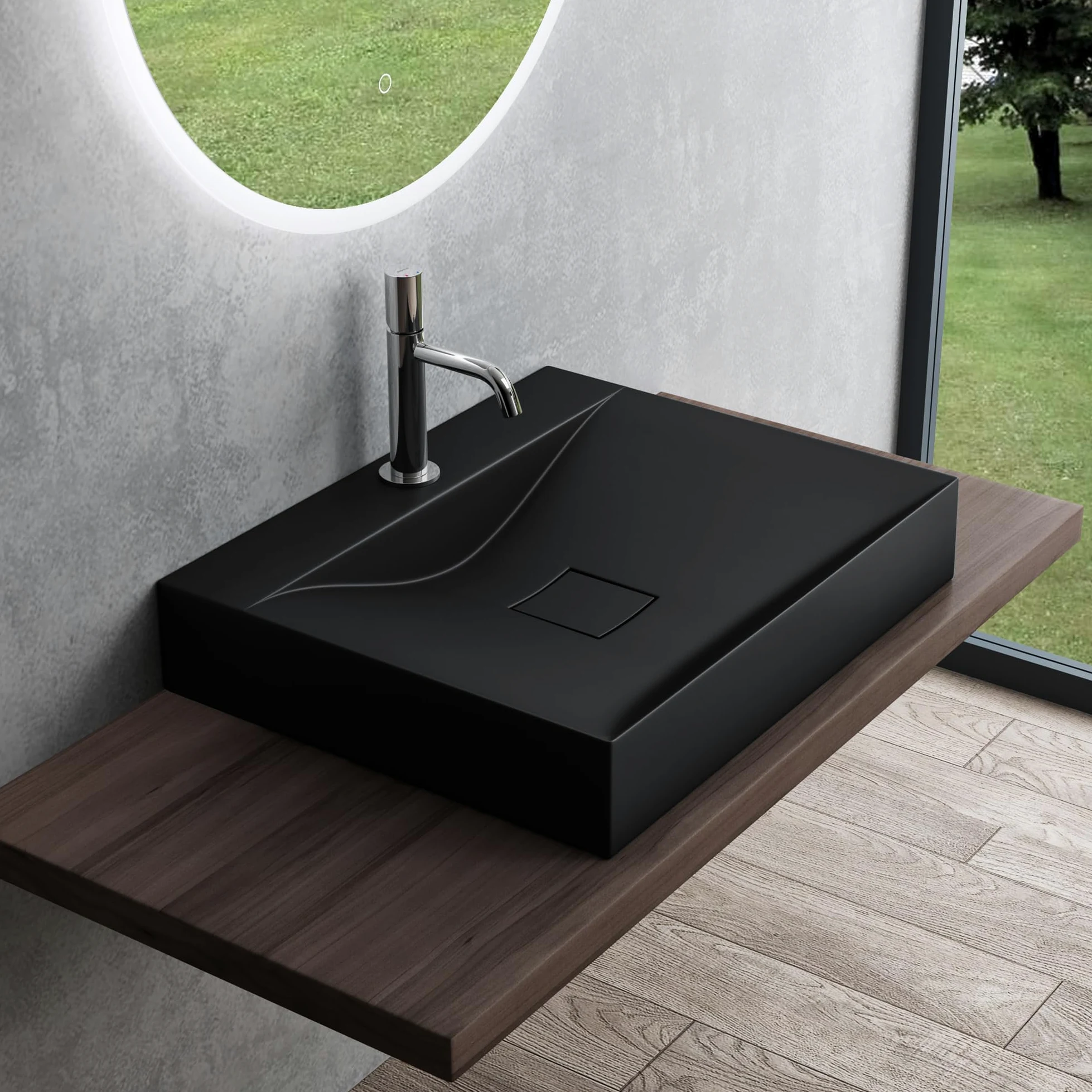 Mai & Mai Lavabo da Appoggio 60x48x10cm, Lavabo Bagno Sospeso Lavandino Bagno Rettangolare Colossum810 Marmo fuso, Nero Opaco