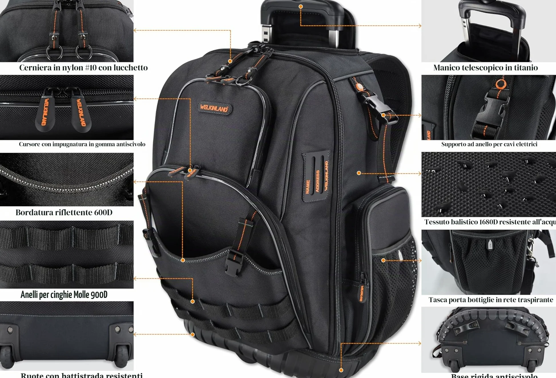 WELKINLAND Zaino porta attrezzi con 72 tasche e rotelle, Grande borsa porta attrezzi con ruote, Borsa porta attrezzi per elettricisti con rotelle per uomini