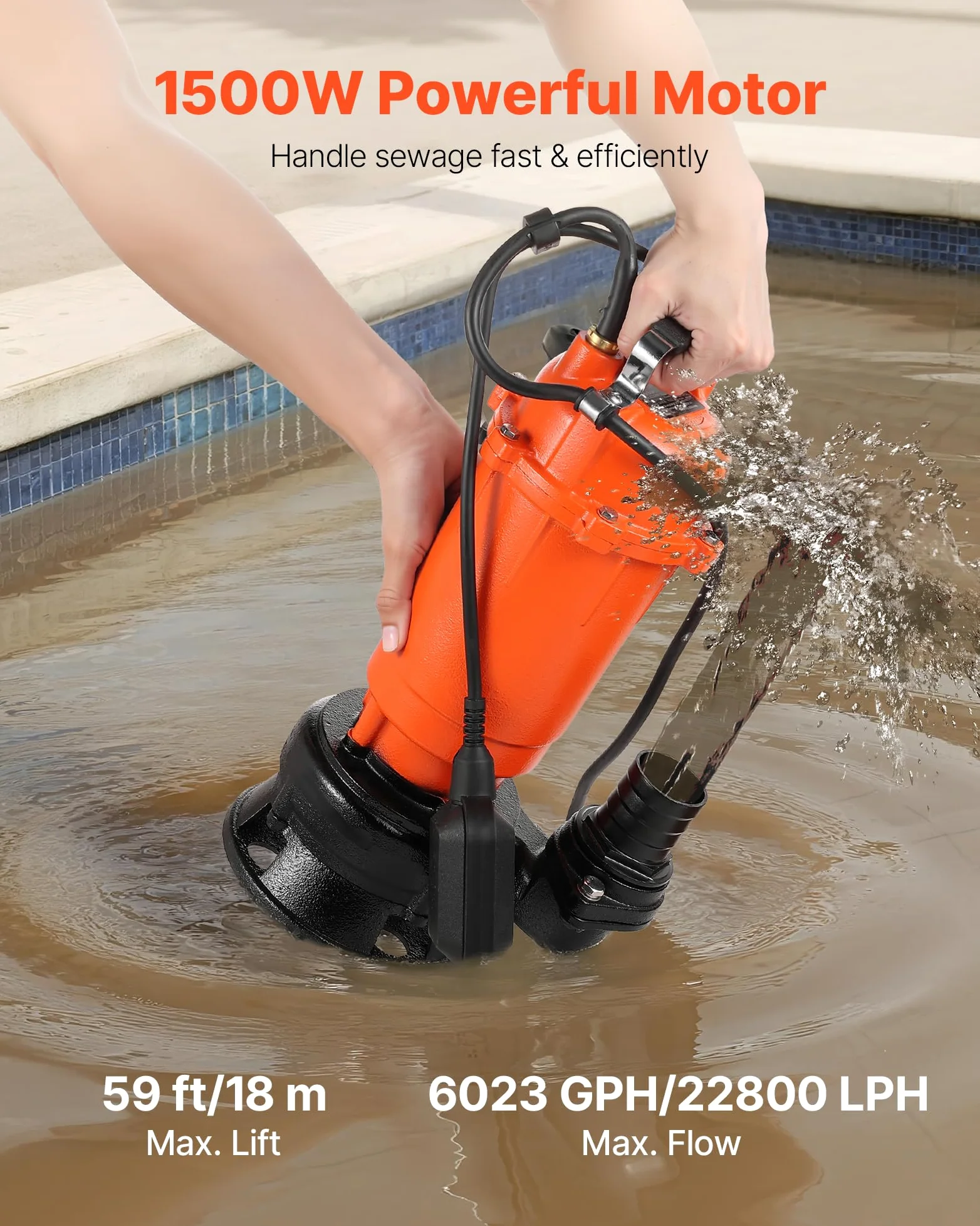 VEVOR Pompa Sommergibile per Acqua Sporca da 1500 W, 22800 L/H, in Ghisa con Interruttore a Galleggiante Automatico, Sollevamento Massimo 18 m, Scarico di Acqua Pulita, per Piscine, Giardino