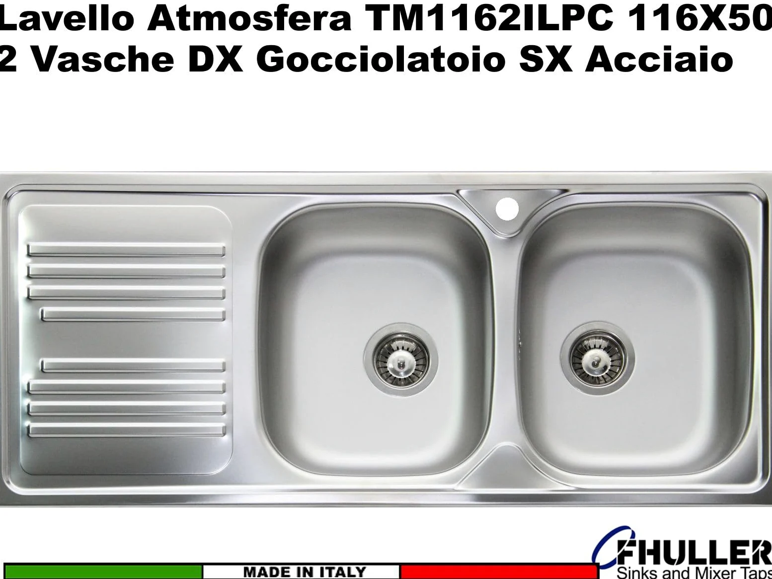 Lavello TM1162ILPC da incasso 2 vasche con gocciolatoio sinistro | Acciaio Inox Prelucido | 116x50 cm | Foro Scarico 3,5” | Lavello Cucina Resistente, Igienico e Facile da Pulire