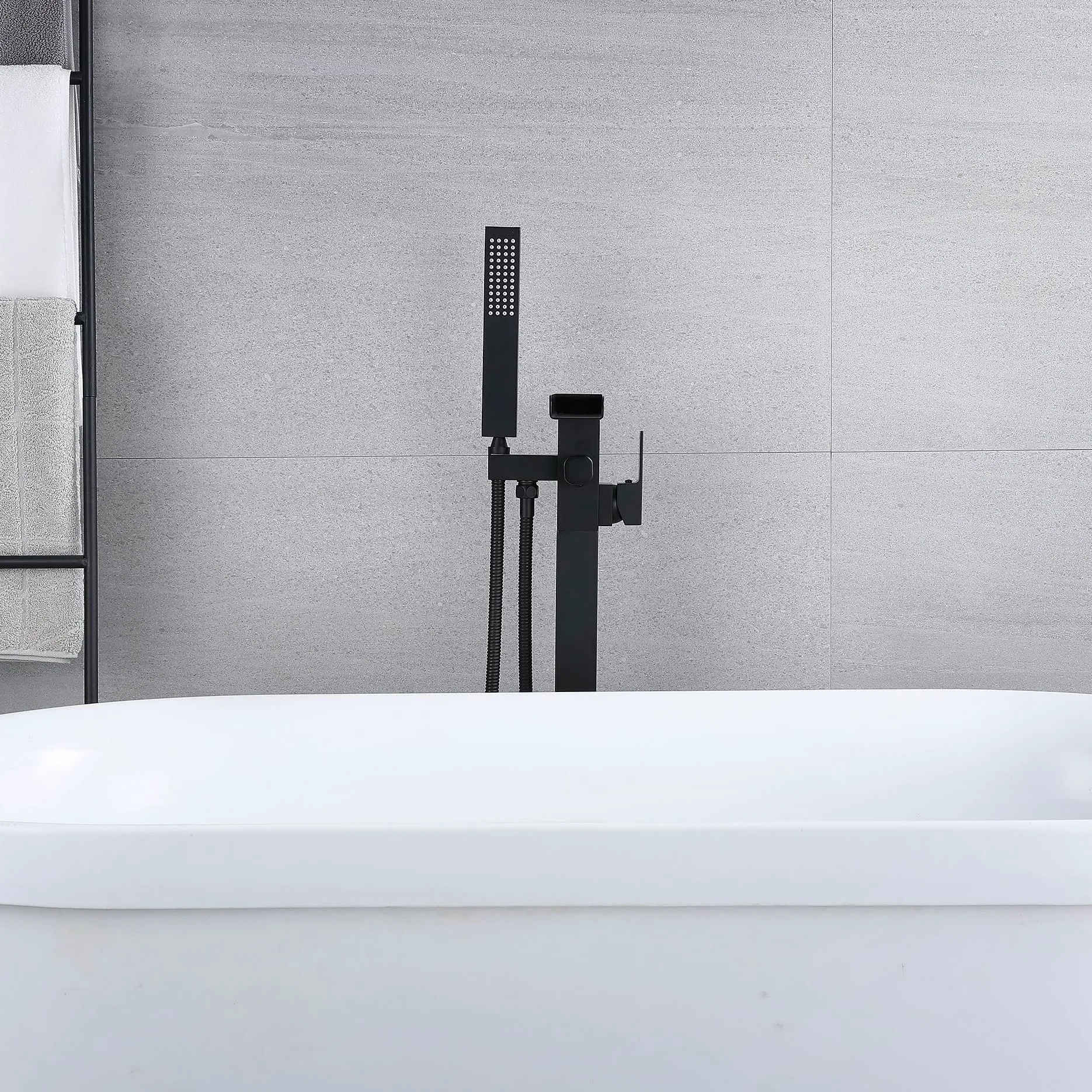 Rubinetto Per Vasca Pavimento In Piedi Da Bagno Con Beccuccio A Cascata E Spruzzatore A Mano,Freestanding Rubinetti Per Vasca, Nero（collegamento interno）