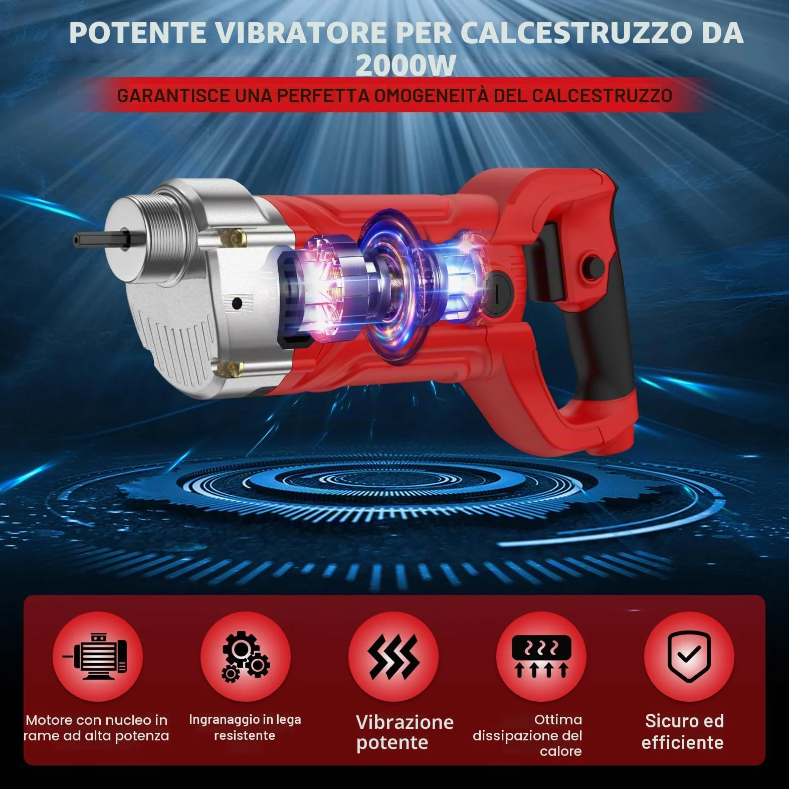IMAYCC 2000W Vibratore per Calcestruzzo, Vibratore da Costruzione Elettrico 4300 giri/min, Lunghezza asta Vibrante 2m, Diametro albero Vibrante 38mm, per Strade Tunnel Ponti Case ecc.
