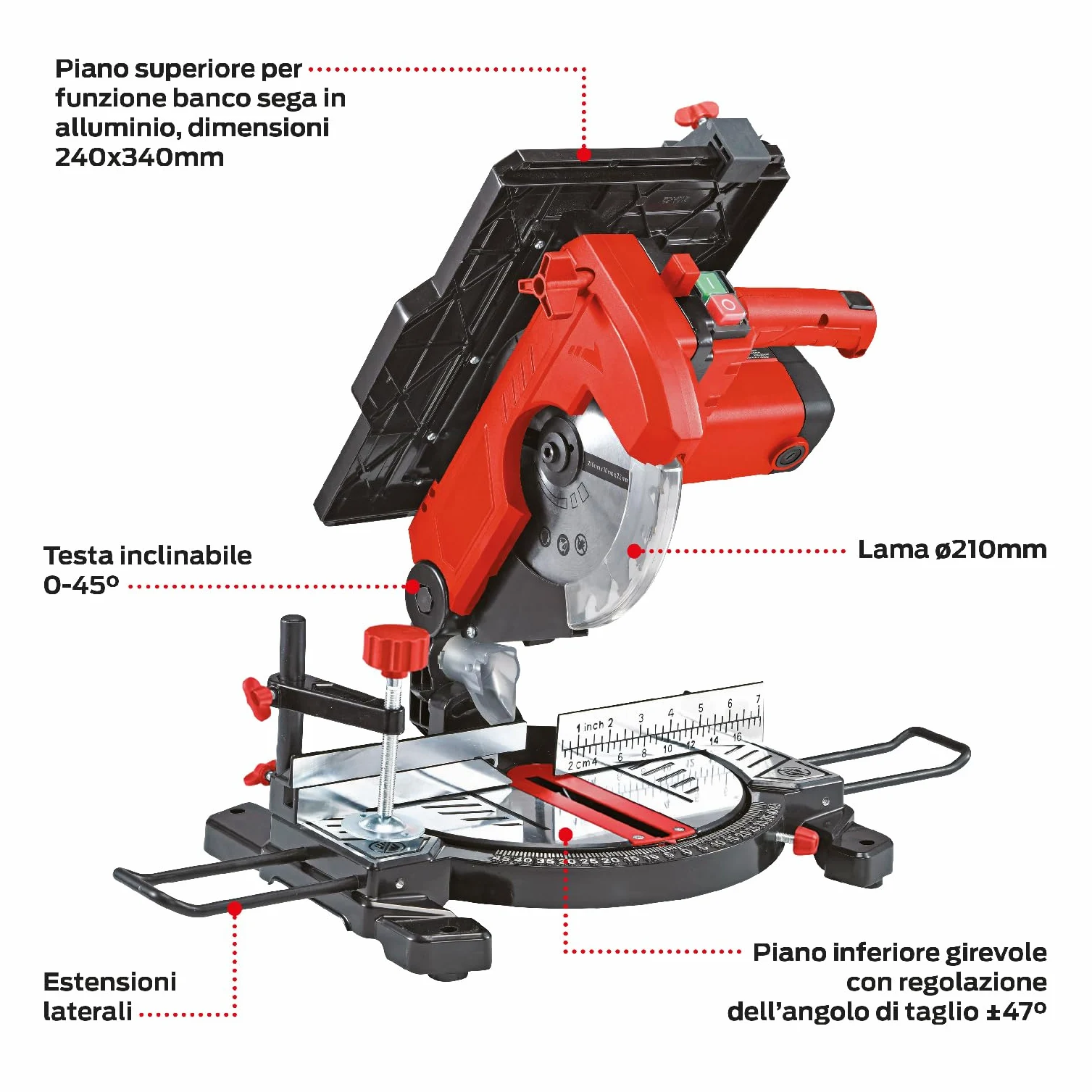 Valex TLS210C Troncatrice con Funzione Banco Sega, 1200W, Lama Ø210mm, Estensioni e Squadre inclusi