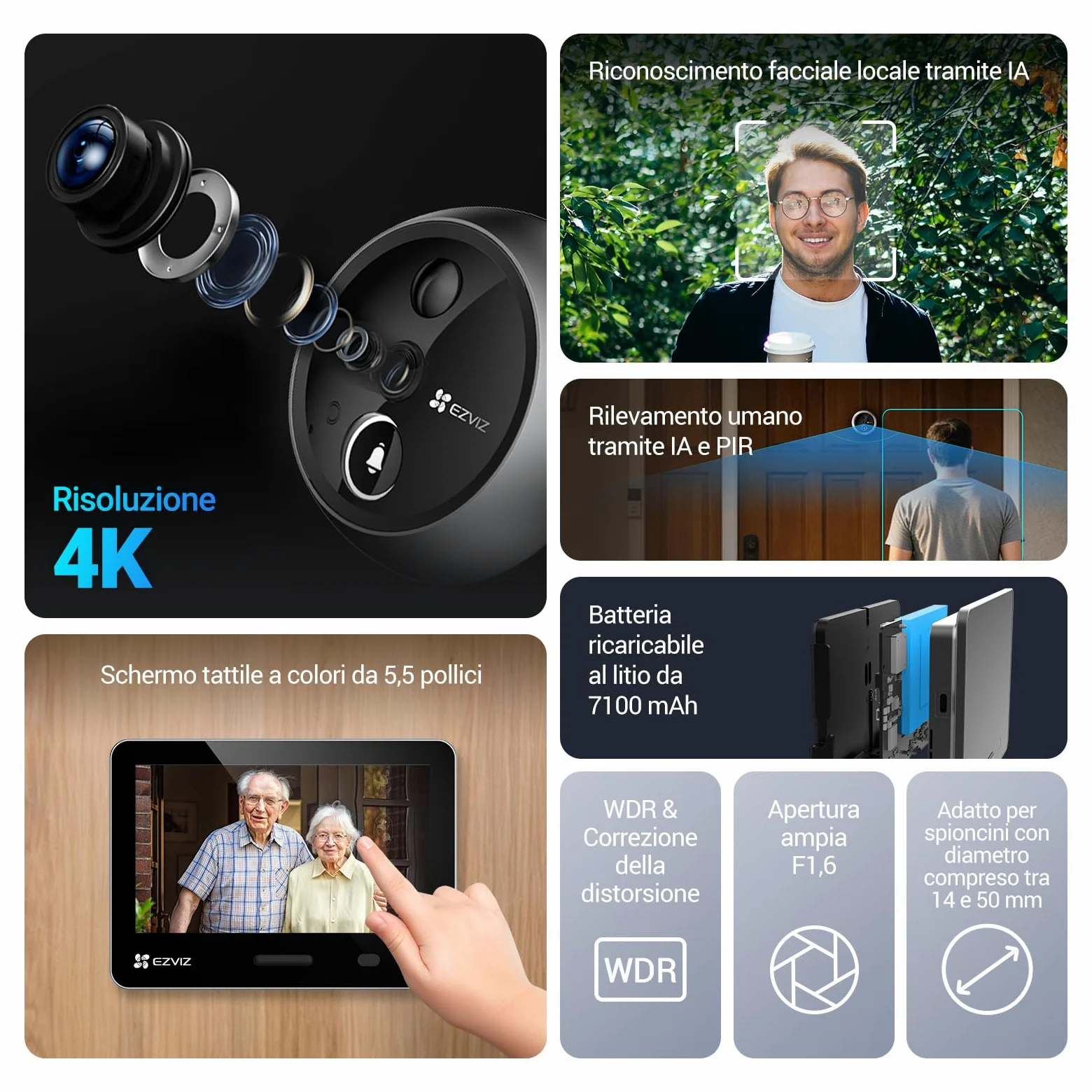 EZVIZ EP4 Spioncino Digitale WiFi 4K con Schermo Touch da 5,5", Batteria 7100mAh, Riconoscimento Facciale AI, Audio Bidirezionale, Visione Notturna, Rilevamento PIR, Supporta MicroSD 512GB, Argento