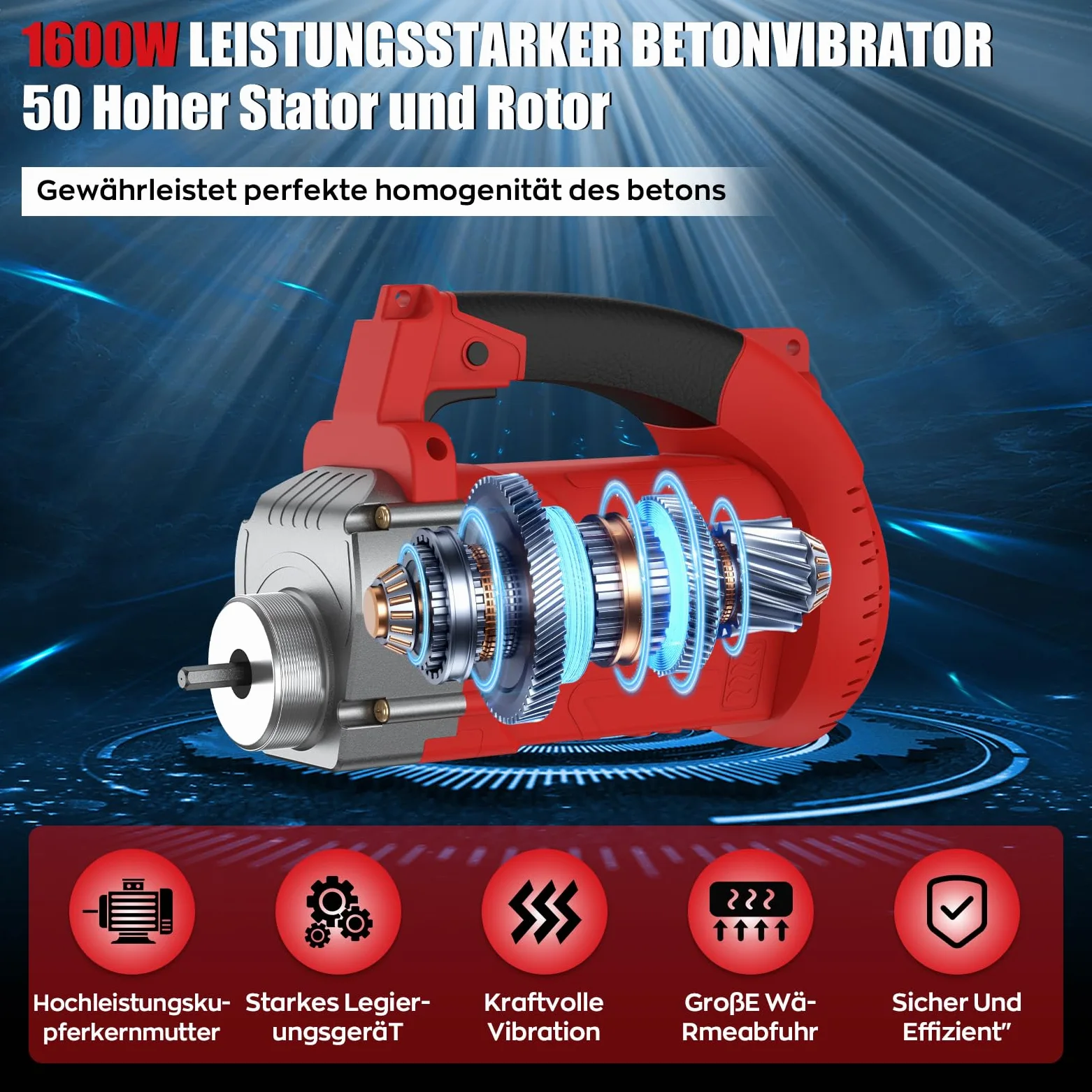IMAYCC 1600W Vibratore per Calcestruzzo con cinghia regolabile, Vibratore da Costruzione Elettrico 5000 giri/min, Lunghezza asta Vibrante 2m, Diametro albero Vibrante 38mm, per Strade Tunnel Ponti