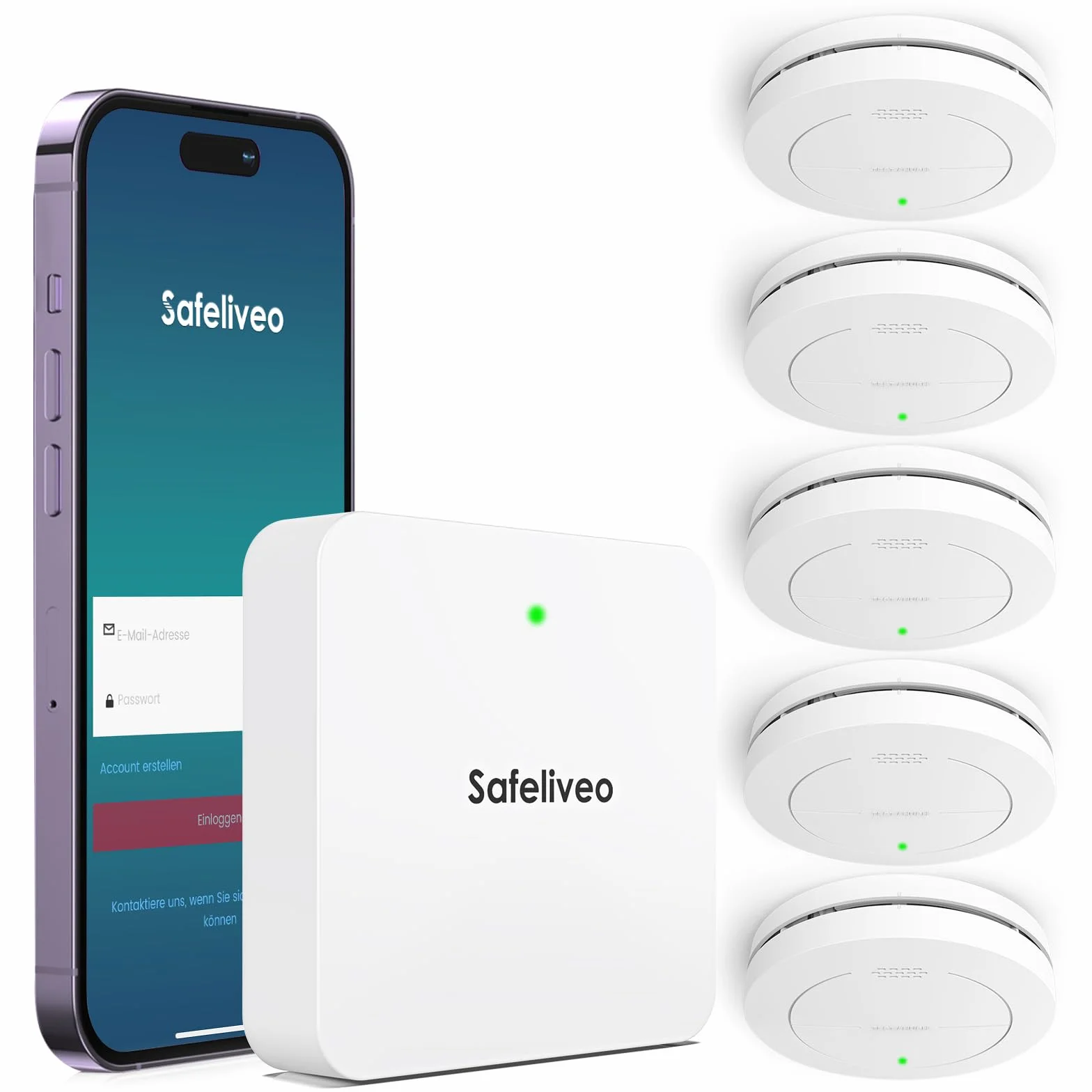 Safeliveo Rilevatore di fumo interconnesso WiFi, rilevatore di fumo con batteria da 10 anni, set da 5 con stazione base, certificato TUV Rheinland, set di allarme fumo con controllo tramite app
