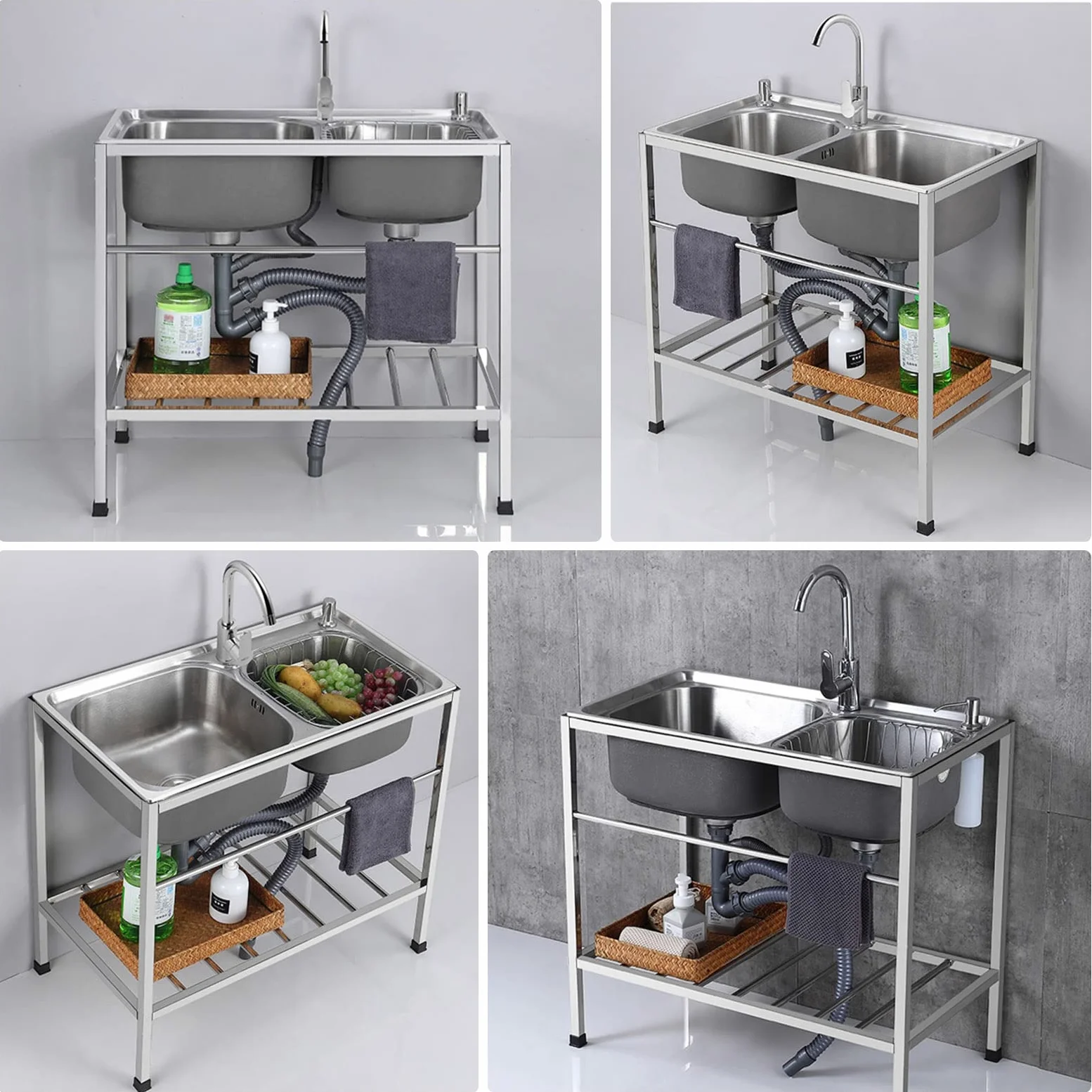Lavello da esterno autoportante a doppia vasca, in acciaio inox, con rubinetto, portatile, per cucina, ristorante, ripiano portaoggetti per garage, lavanderia, 80 cm L x 45 cm P x 85 cm H