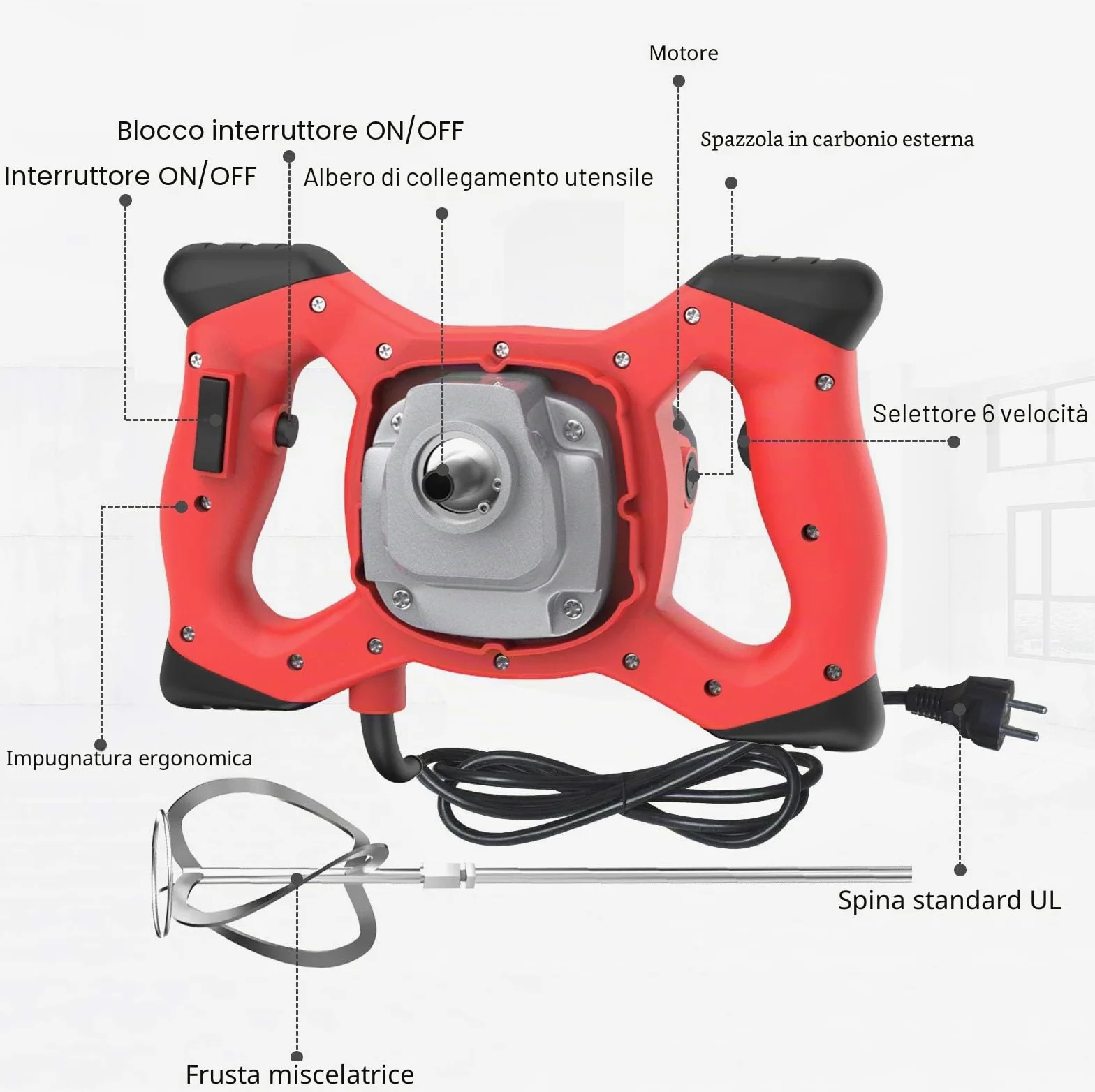IMAYCC Mescolatore per Malta, 2100W, 270–930 Giri/Min, 6 Marce, Miscelatore per Calcestruzzo, 220 V, M14, Agitatore Manuale per Mangime, Gesso.