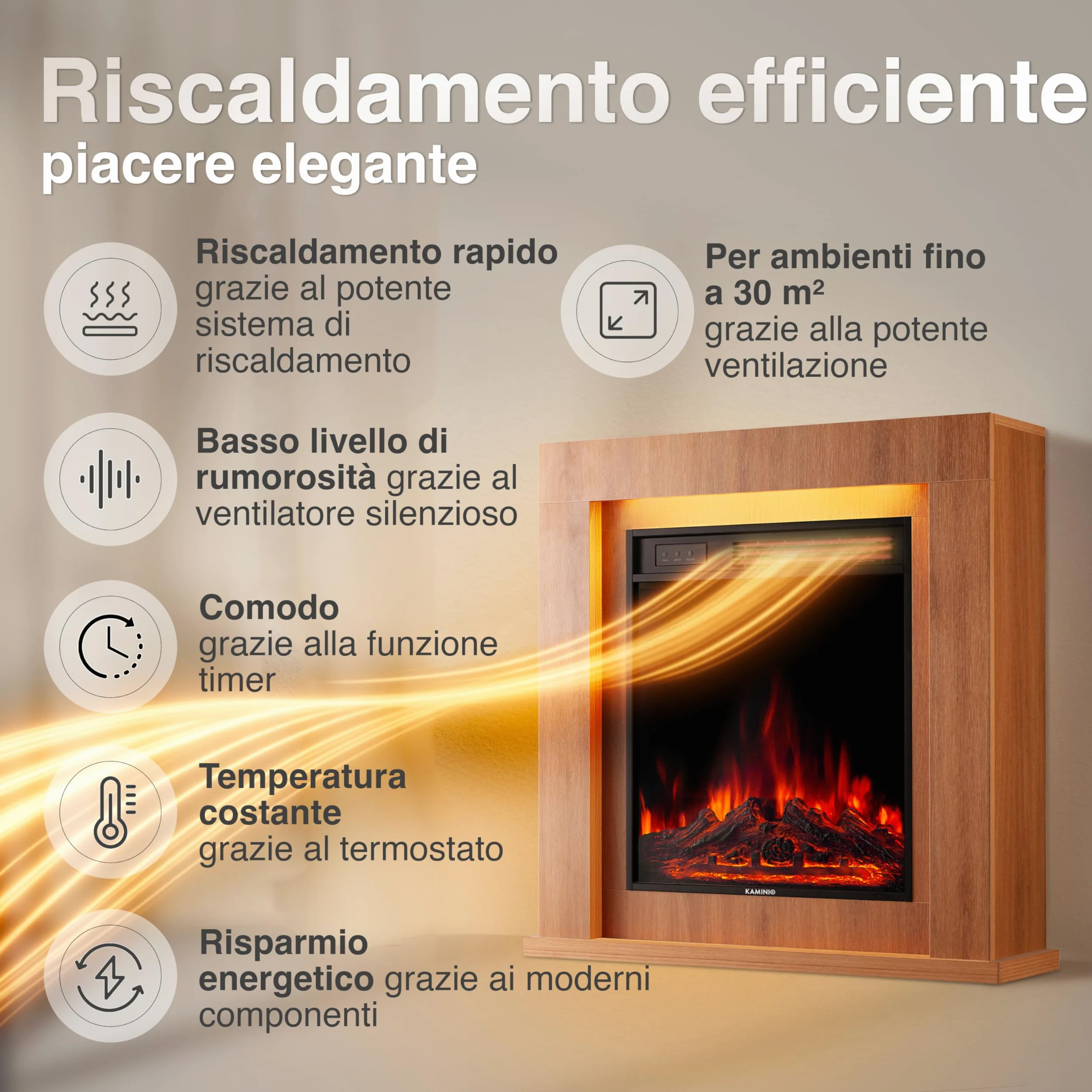 KAMINIO Camino elettrico Matti - Caminetto da pavimento con riscaldamento, effetto fiamma 3D, luce ambiente a LED, telecomando - 32 pollici (Querica)