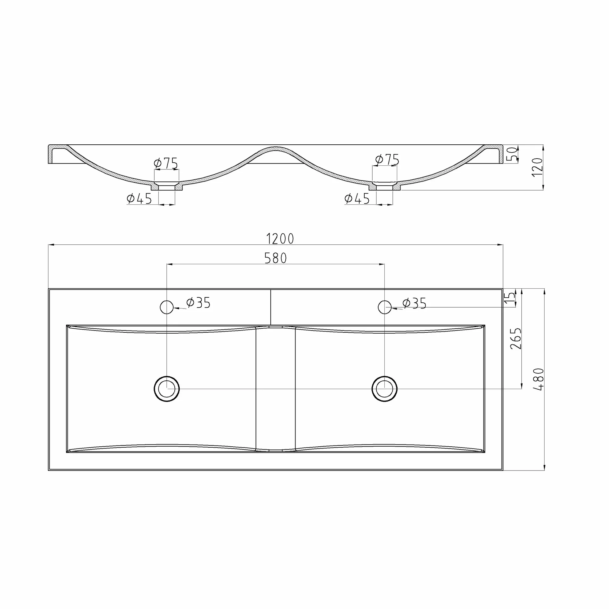 doporro Lavabo da Incasso 120 cm Doppia Vasca in Marmoresina Bianco Lucido, Lavabo Bagno Integrale Soprapiano con 2 Fori Rubinetto e Troppopieno Colossum03