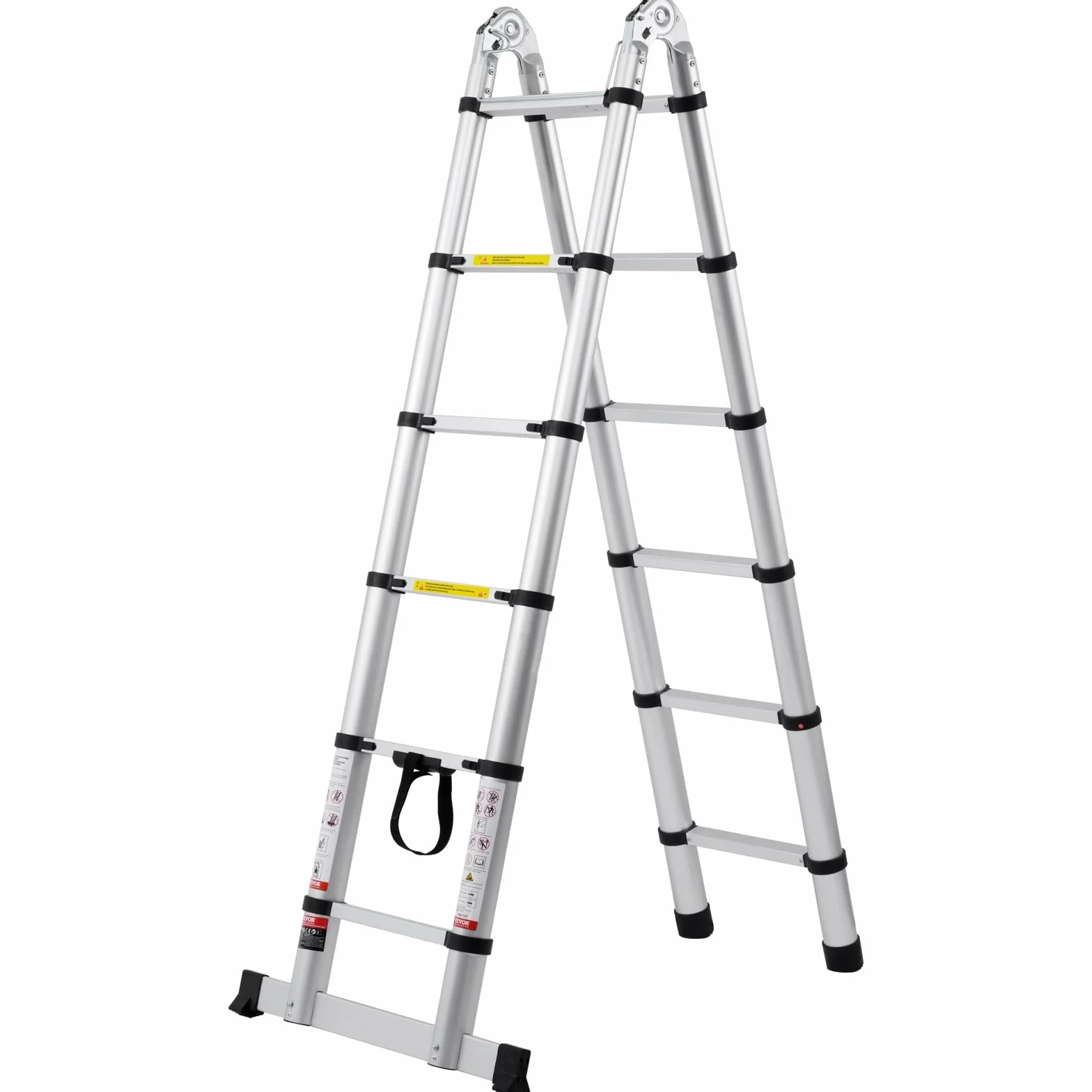 VEVOR Scala Telescopica a Forma di A da 3810 mm Scala Estensibile in Alluminio, Capacità di 170 kg Scala Pieghevole con Retrazione Multi-pulsante, con Barra Stabilizzatrice, per Camper, Roulotte