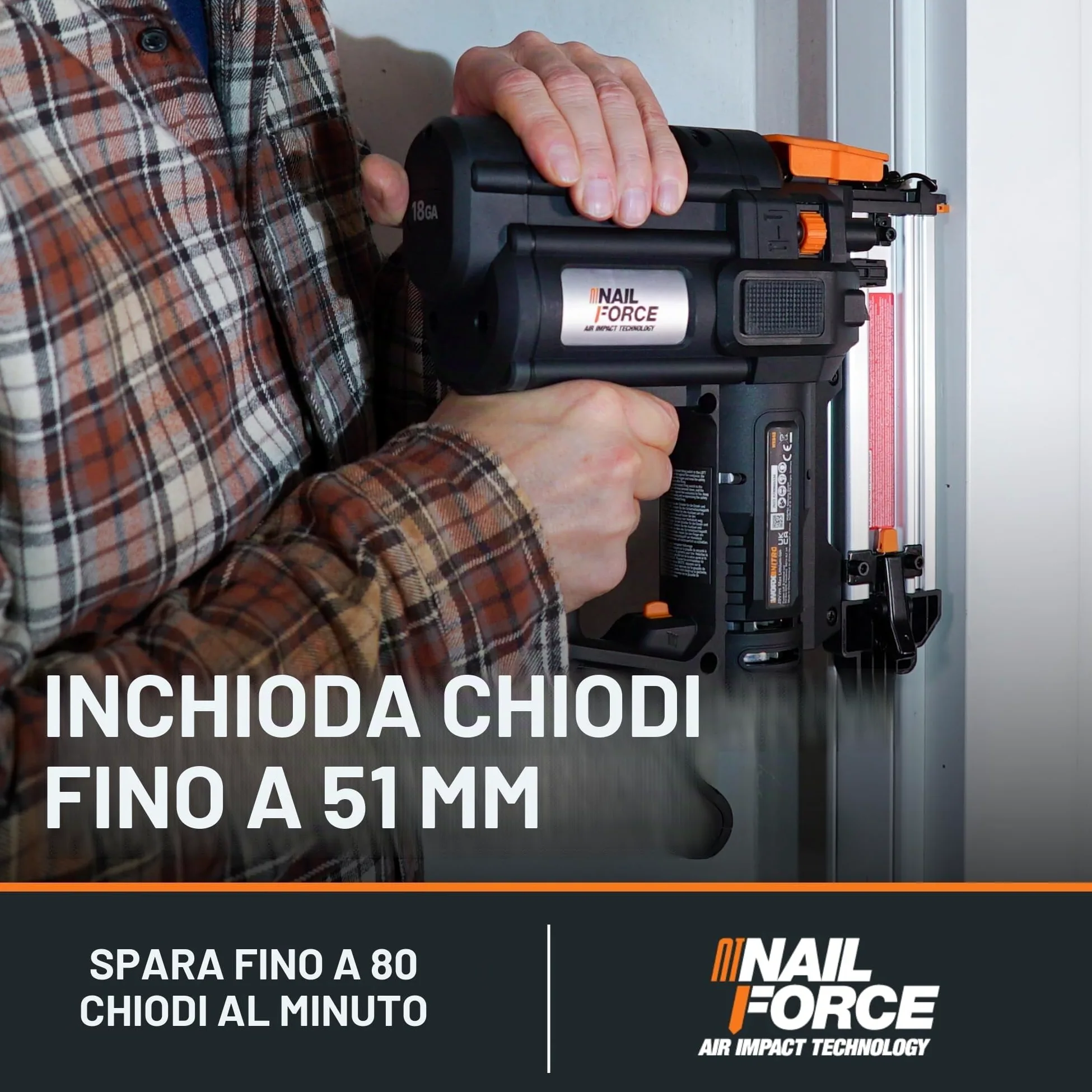 WORX NITRO WX842.9 Chiodatrice a batteria 20 V 18 GA – 80 chiodi/min – per chiodi da 15 – 50 mm – senza fili ad alta efficienza – risoluzione di inceppamento senza attrezzi