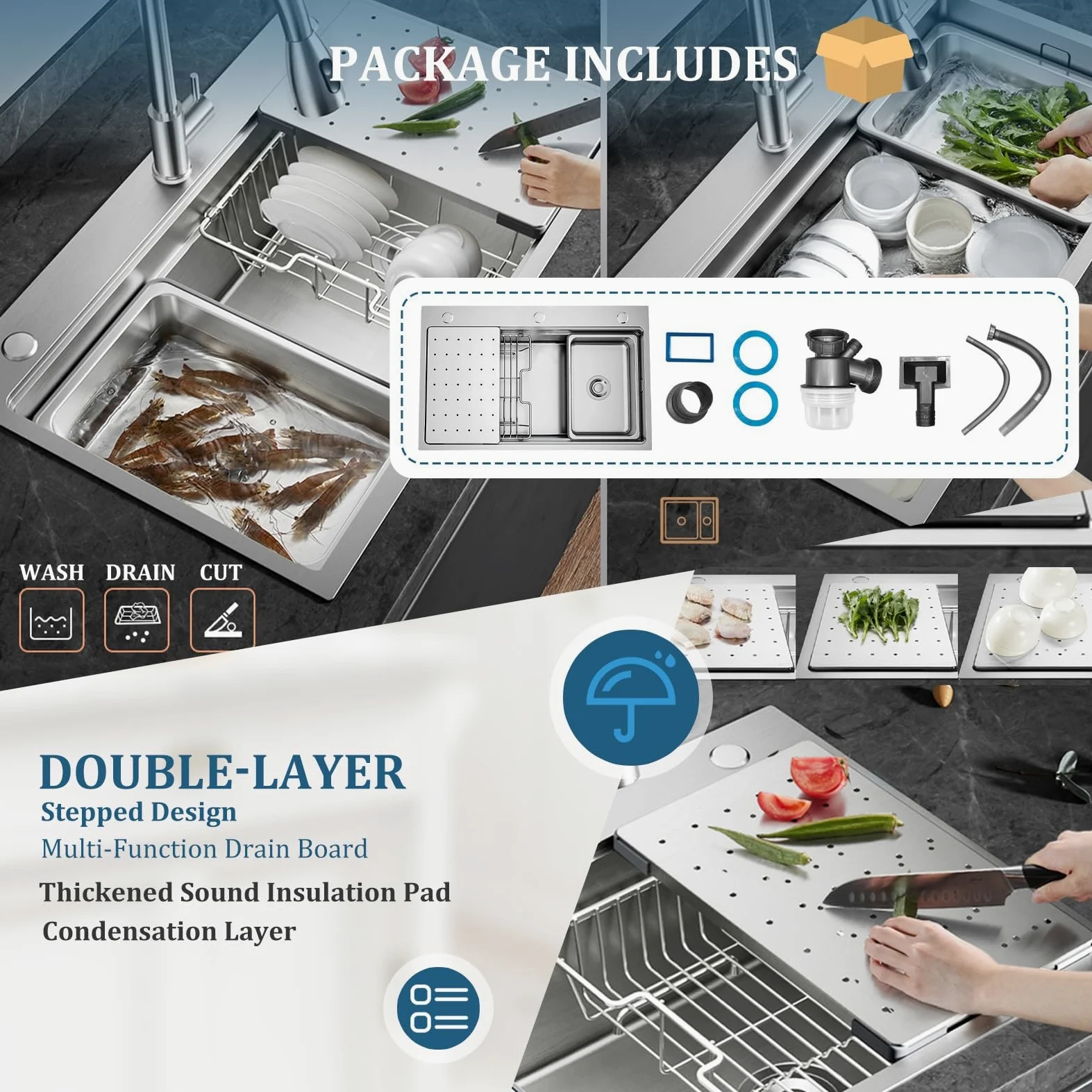 Lavello Da Cucina Multifunzione In Acciaio Inossidabile 304 Fatto A Mano, Lavello Da Cucina Grande A Una Vasca, Installazione A Filo O Soprapiano Con Vasca Rimovibile(70x50x21.5cm)