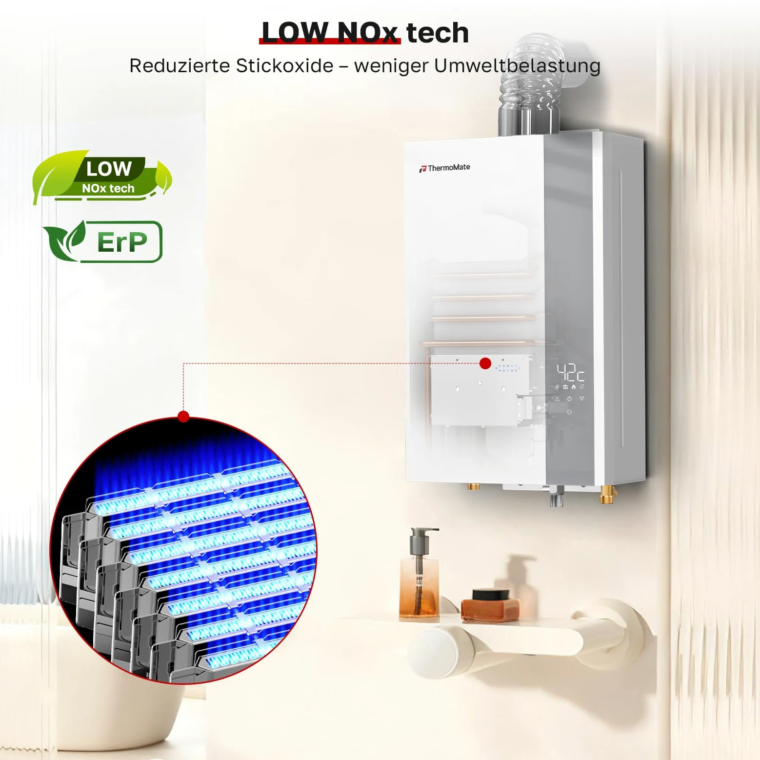 ThermoMate Scaldacqua a gas ECO a Camera Stagna 12 litri, ErP/basso NOx Indoor Scaldabagno a gas naturale, 20mbar, scaldacqua a gas per cucine e bagni