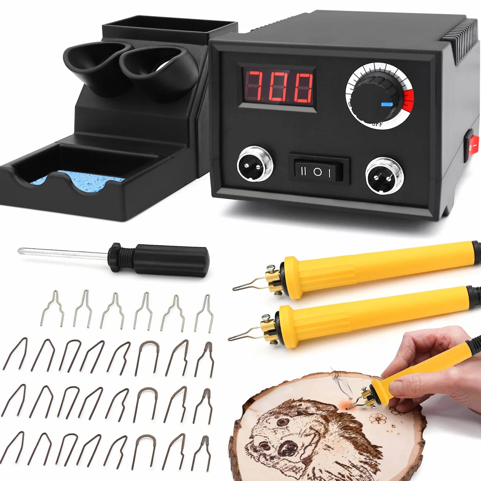 Macchina per Pirografia, Luriseminger 60W Pirografo per Legno Professionale Digitale Temperatura Regolabile 0-700 ℃ Pirografia Legna 2 Penne 30 Teste di Penna per Legno, Pelle, Zucca