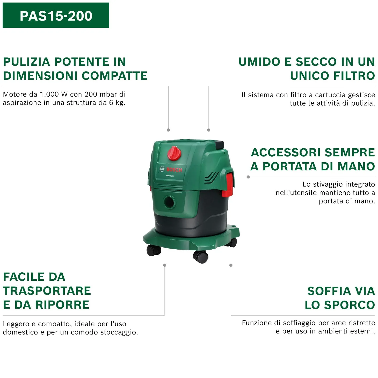 Bosch Aspirapolvere a filo PAS15-200 (Tubi di prolunga (plastica), tubo di aspirazione 2,2 m, tubo a gomito/impugnatura, bocchette per pavimenti e fessure,filtro a cartuccia)