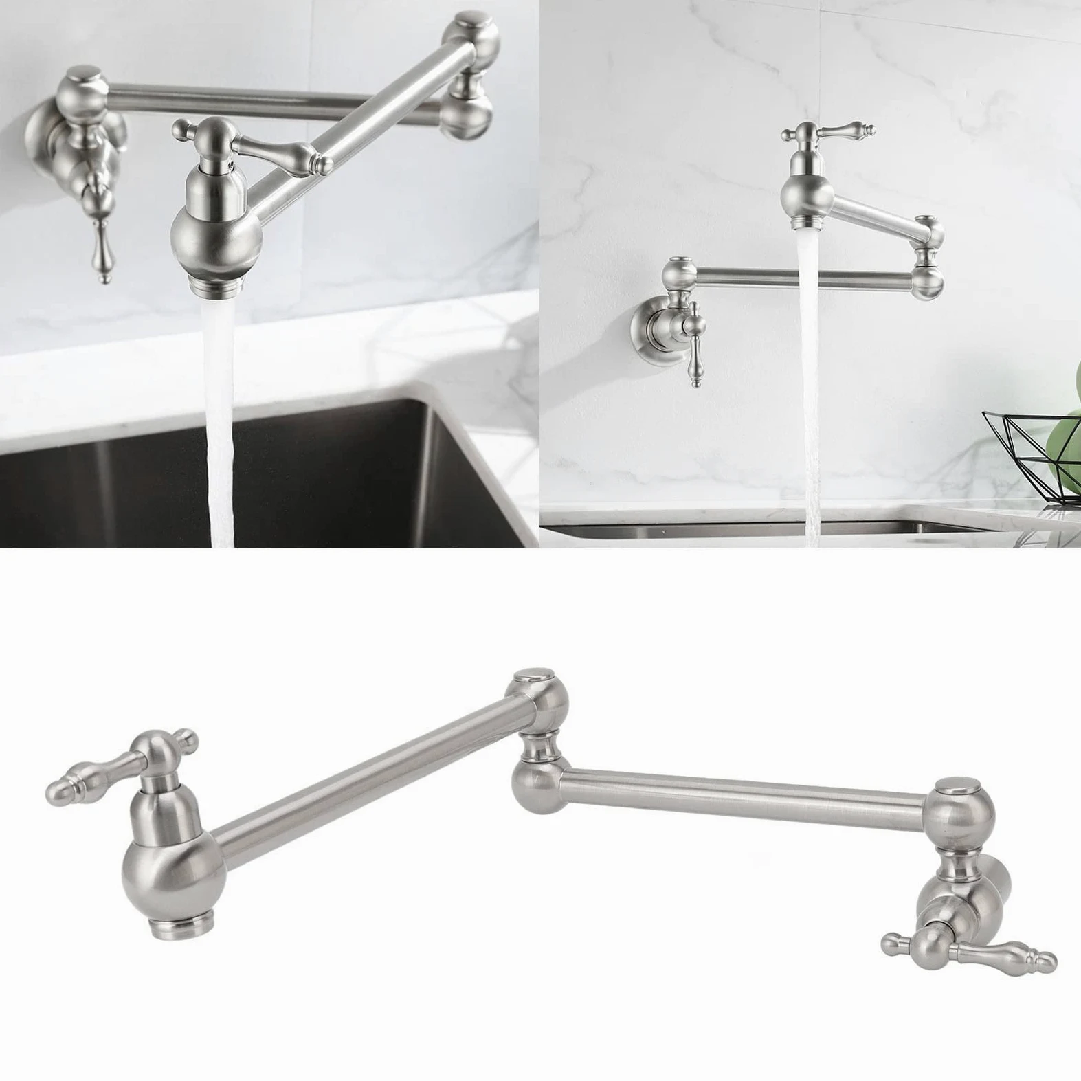 Rubinetto per riempimento pentole, rubinetto da cucina a parete in rame estensibile G1/2 Rubinetto pieghevole per riempimento pentole a due manici a foro singolo(Argento spazzolato)