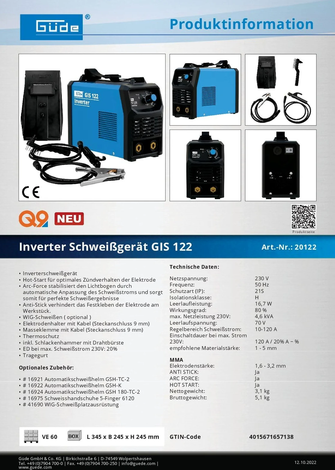 Güde Saldatrice Inverter GIS 122 (230 V, 16,7 W di potenza inattiva, 3,6 kVA max. di alimentazione, 10 – 120 A, corrente di saldatura, con supporto per elettrodi, morsetto di massa, martello di scorie