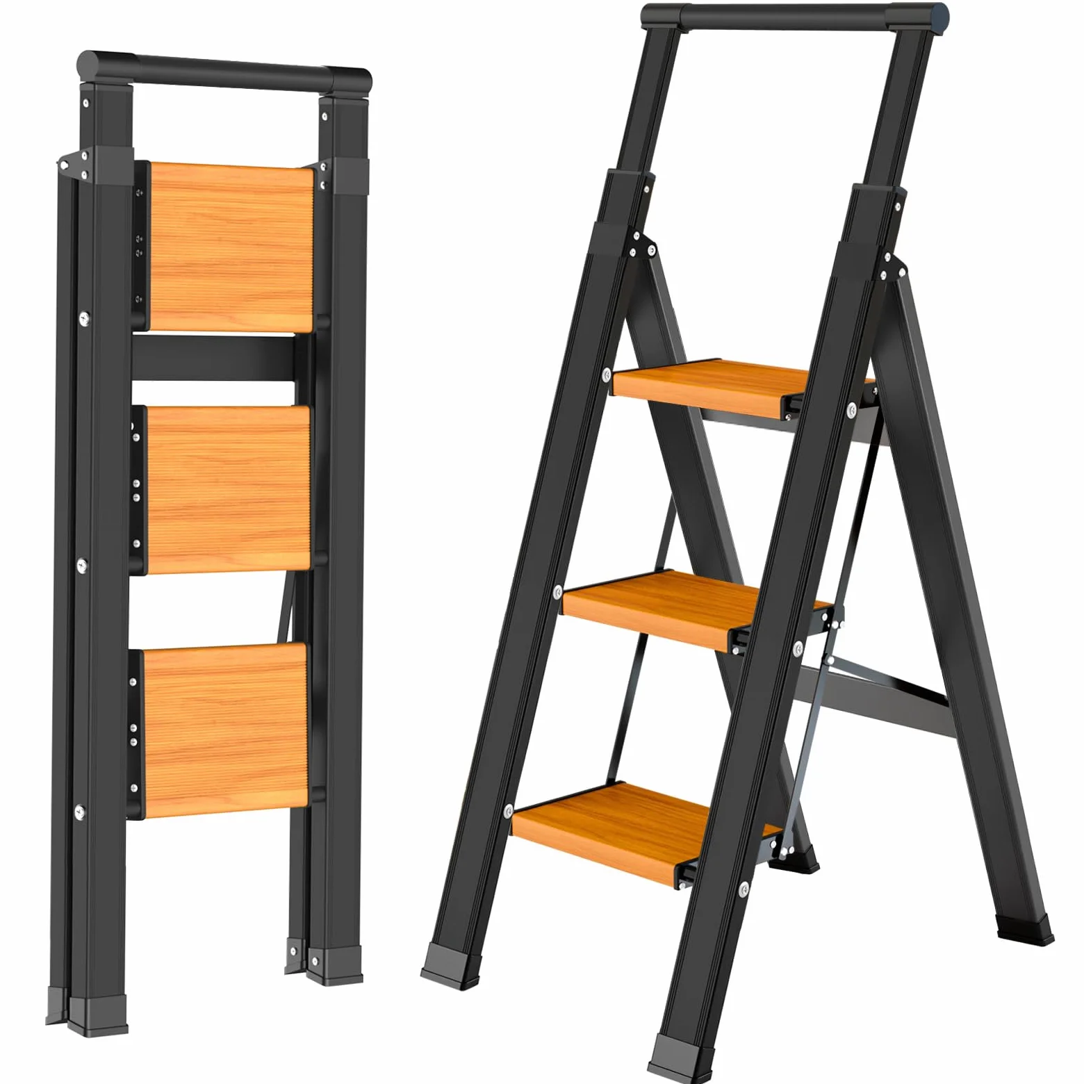 KULACO Scala a gradini pieghevole 3 gradini con corrimano estensibile, scala in alluminio antiscivolo & extra larga, leggera fino a 150 kg, scala domestica compatta per cucina, casa, garage