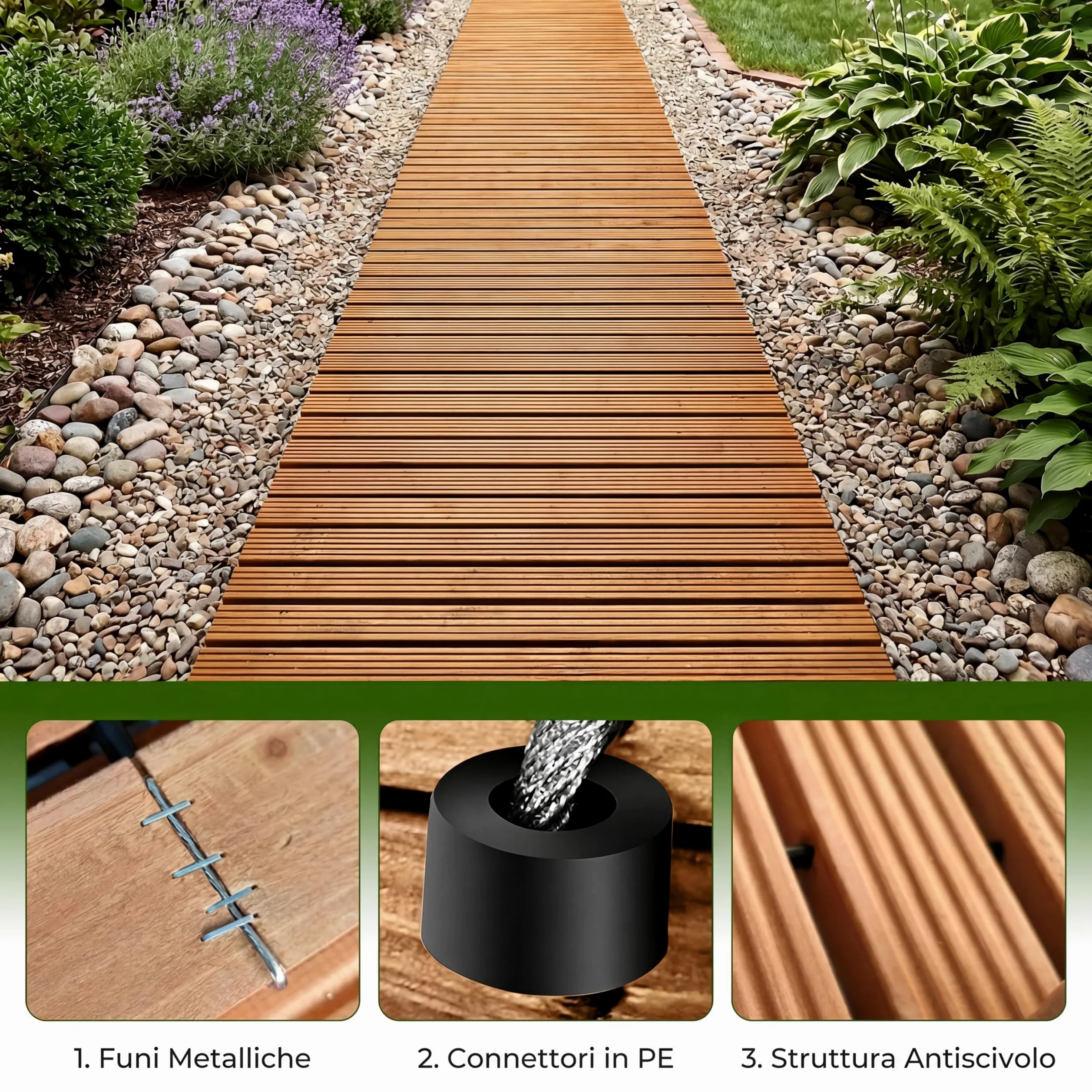 COSTWAY Sentiero da Giardino in Legno, Passerella Decorativa da Esterno, Superficie Antiscivolo, Collegamento con Fili Metallici, Sentiero Arrotolabile per Cortile e Spiaggia, 367 x 55 cm (Naturale)