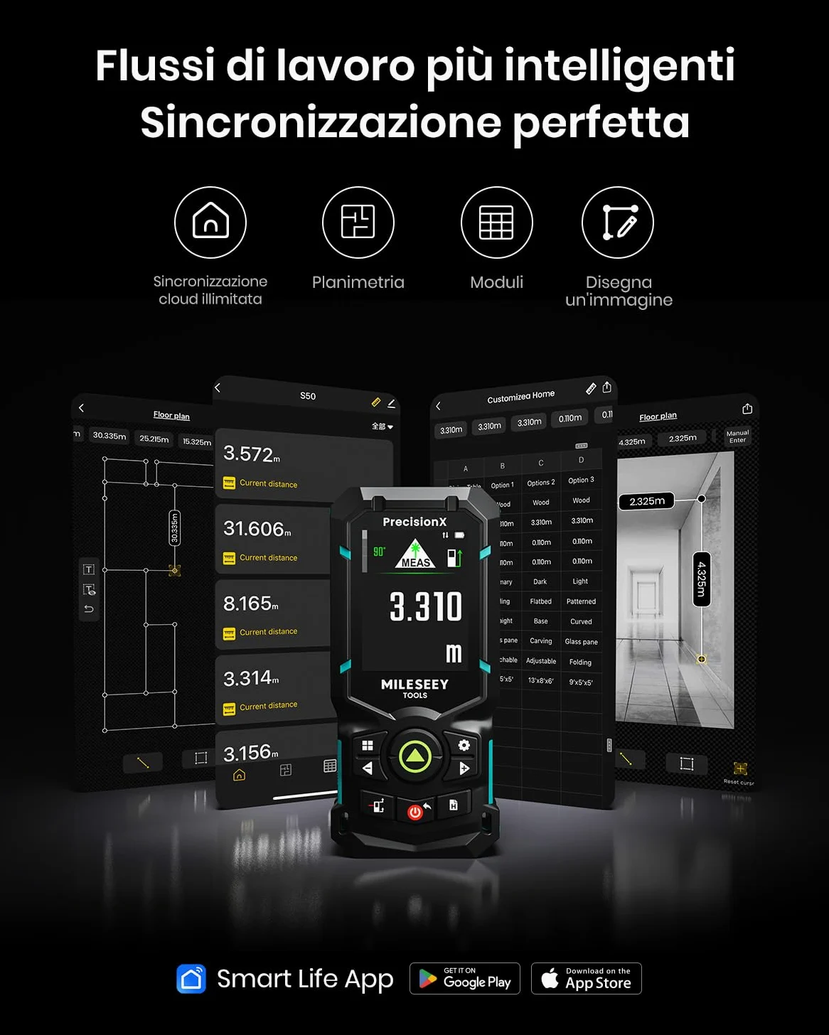 MiLESEEY S50 Metro Laser con Raggio Verde, 120 m Misuratore Laser, P2P Metro Laser Professionale, Allineamento Laser Laterale, Ricaricabile, Display IPS da 6,1 cm, All'Interno All'Esterno