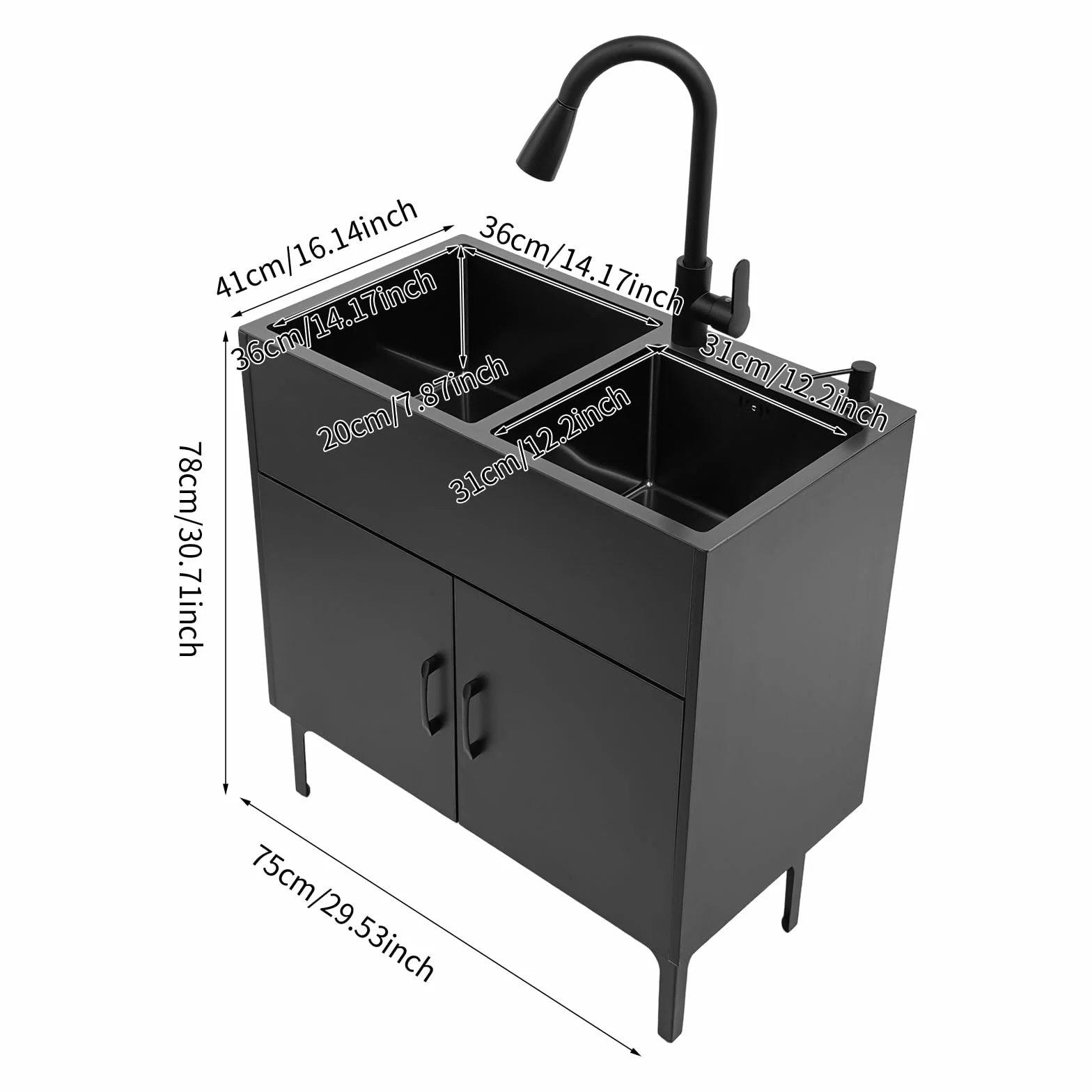 Lavello da cucina autoportante in acciaio inox con 2 vasche da 75 x 41 cm, lavello nero con rubinetto estraibile e mobiletto inferiore, per cucina domestica, giardino, esterni, lavanderia