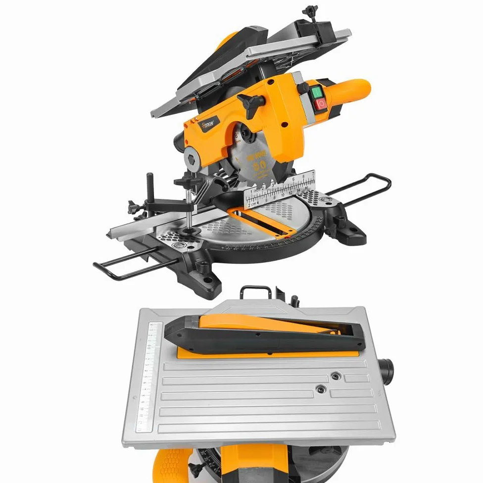 Hoteche Sega da tavolo multifunzione da 210 mm, 1200 W, 4500 giri/min, motore in rame, sega circolare da tavolo con lama per sega TCT 210 x 30 mm 24T per tagli precisi 0° 45° con accessori e barre di