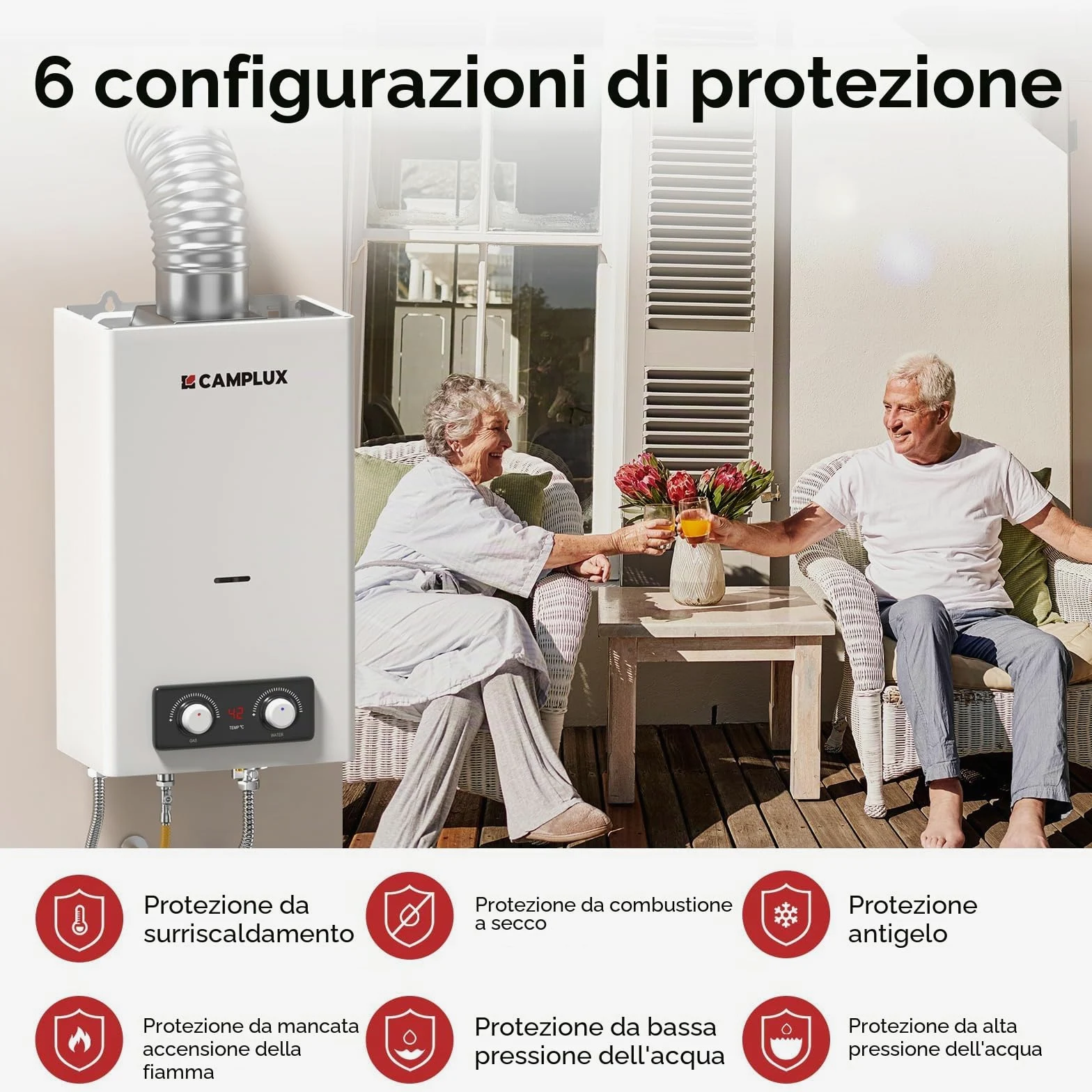 CAMPLUX BD300NG Scaldabagno a Gas 11 Litri, ErP/Low NOx, a Metano, 20mbar, 22kW, 3V, Bianco