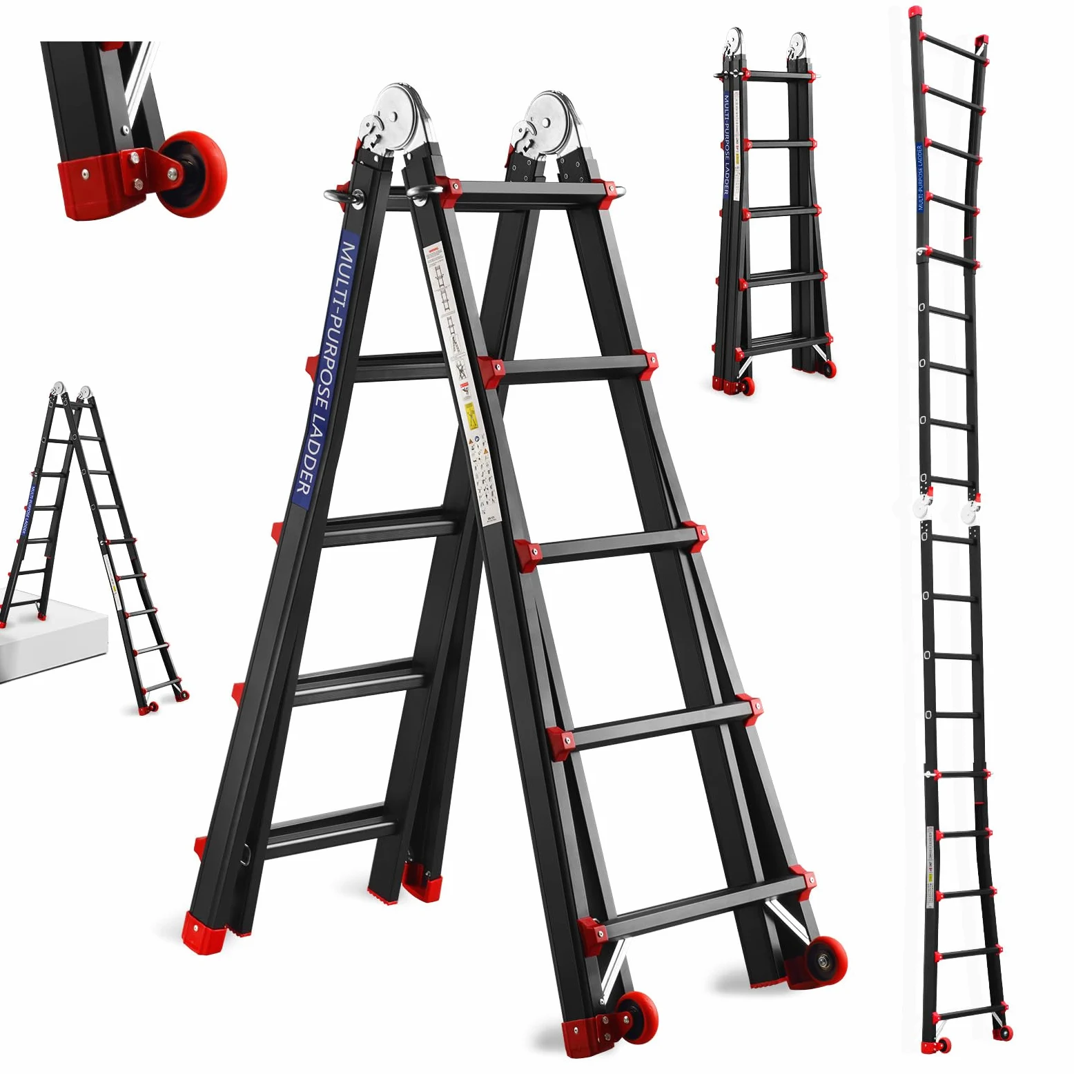 TEENO Scala Pieghevole Multifunzione 5,1 m, Scala telescopica con 2 Rimovibile Ruote e Base Rinforzata Triangolare, 5x5 Gradini, Carico 150KG, Nero