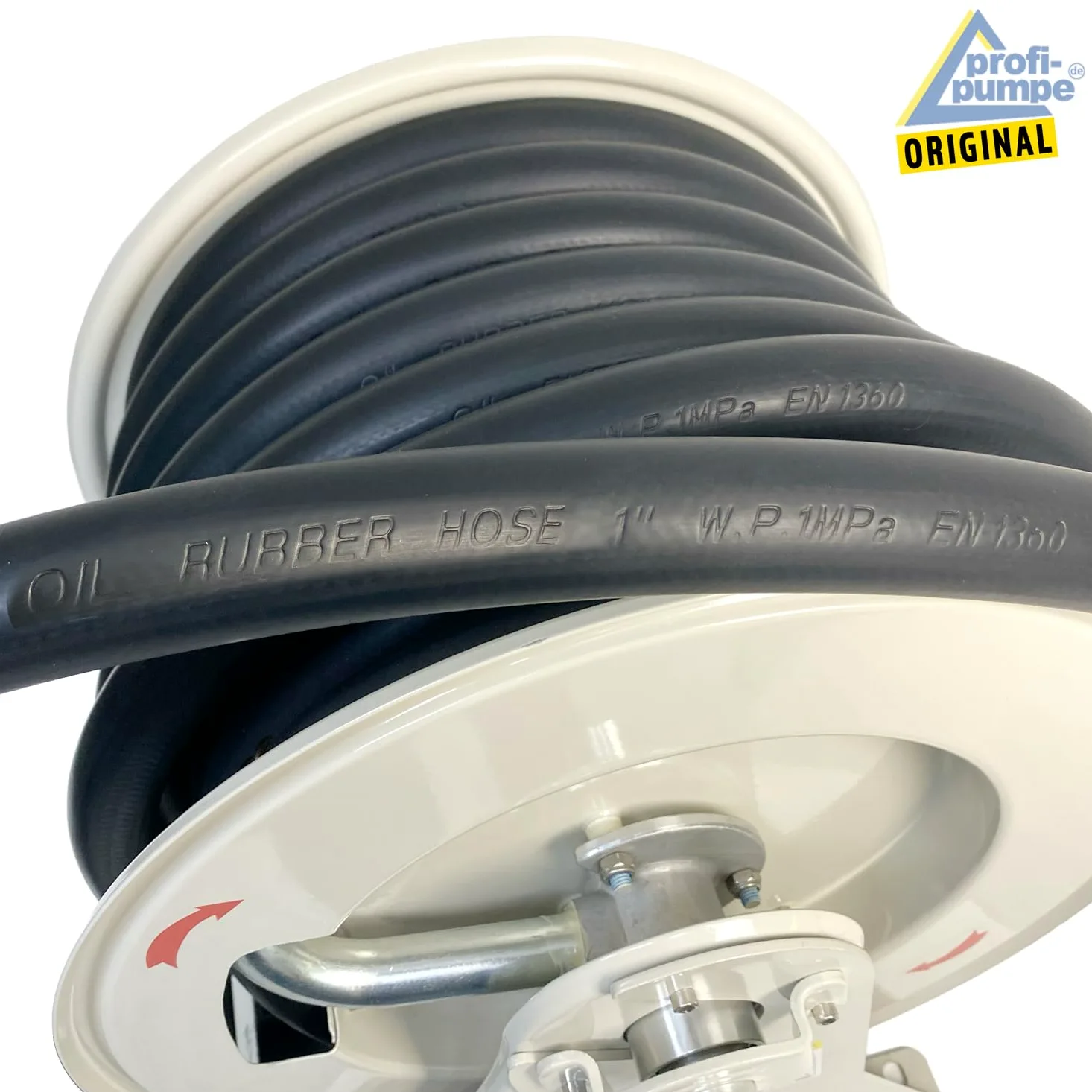 Avvolgitubo da 15 m, per diesel con avvolgimento a molla, tubo in gomma, 25 mm, pressione di esercizio fino a 300 psi/ca. 20 bar