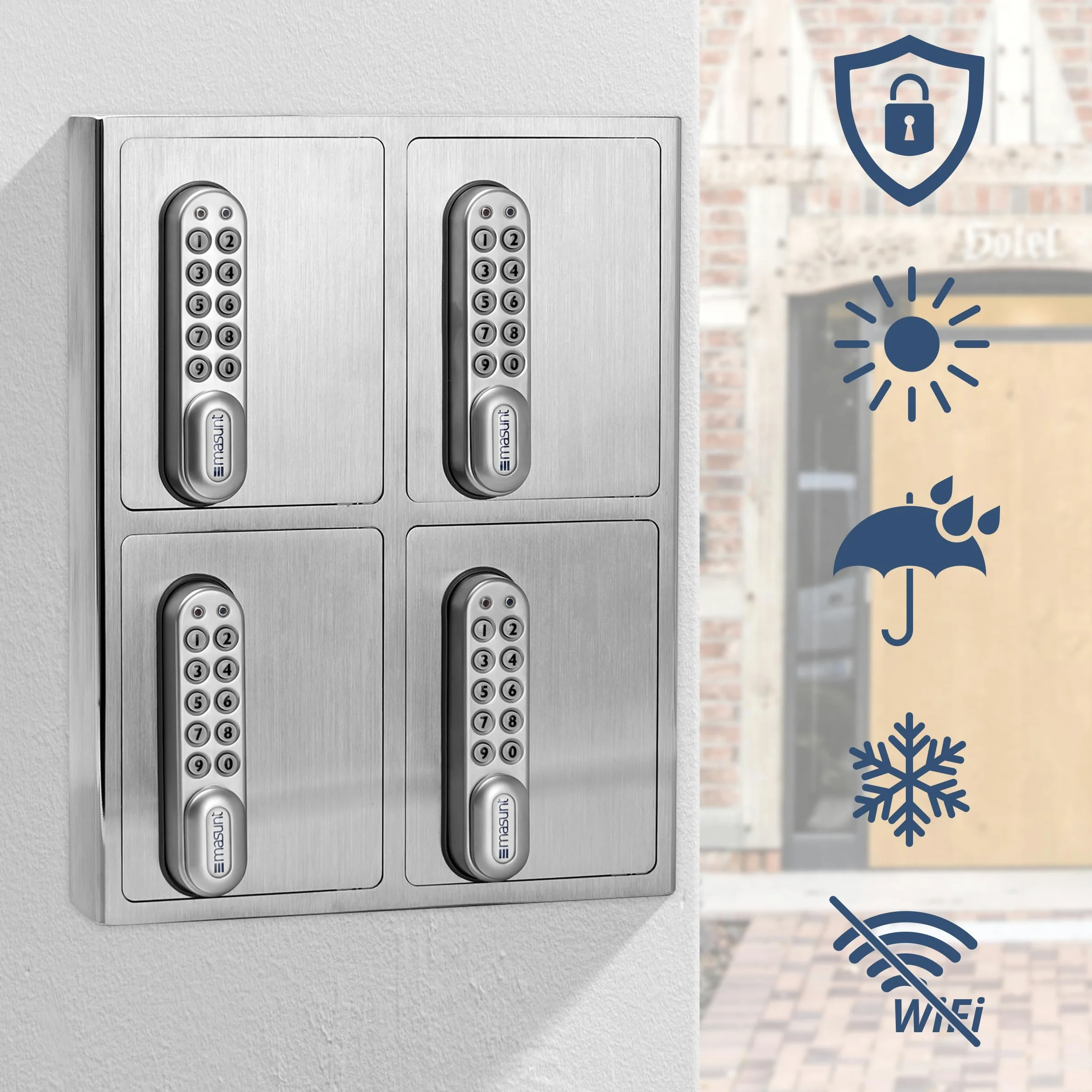 masunt cassaforte per chiavi 1420 E Code | Innovativa assegnazione online del codice a distanza | cassaforte elettronica per chiavi in acciaio inox V2A massiccio | 4 scomparti | antieffrazione