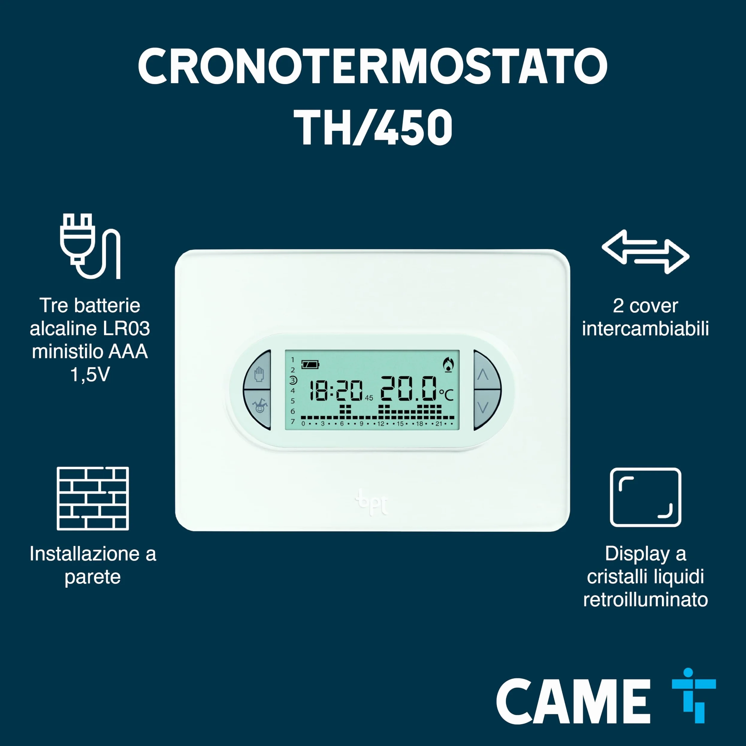 CAME Cronotermostato TH/450 digitale settimanale da parete a batterie ministilo, due cover incluse, controllo della temperatura differenziale e proporzionale integrale per l'ottimizzazione dei consumi