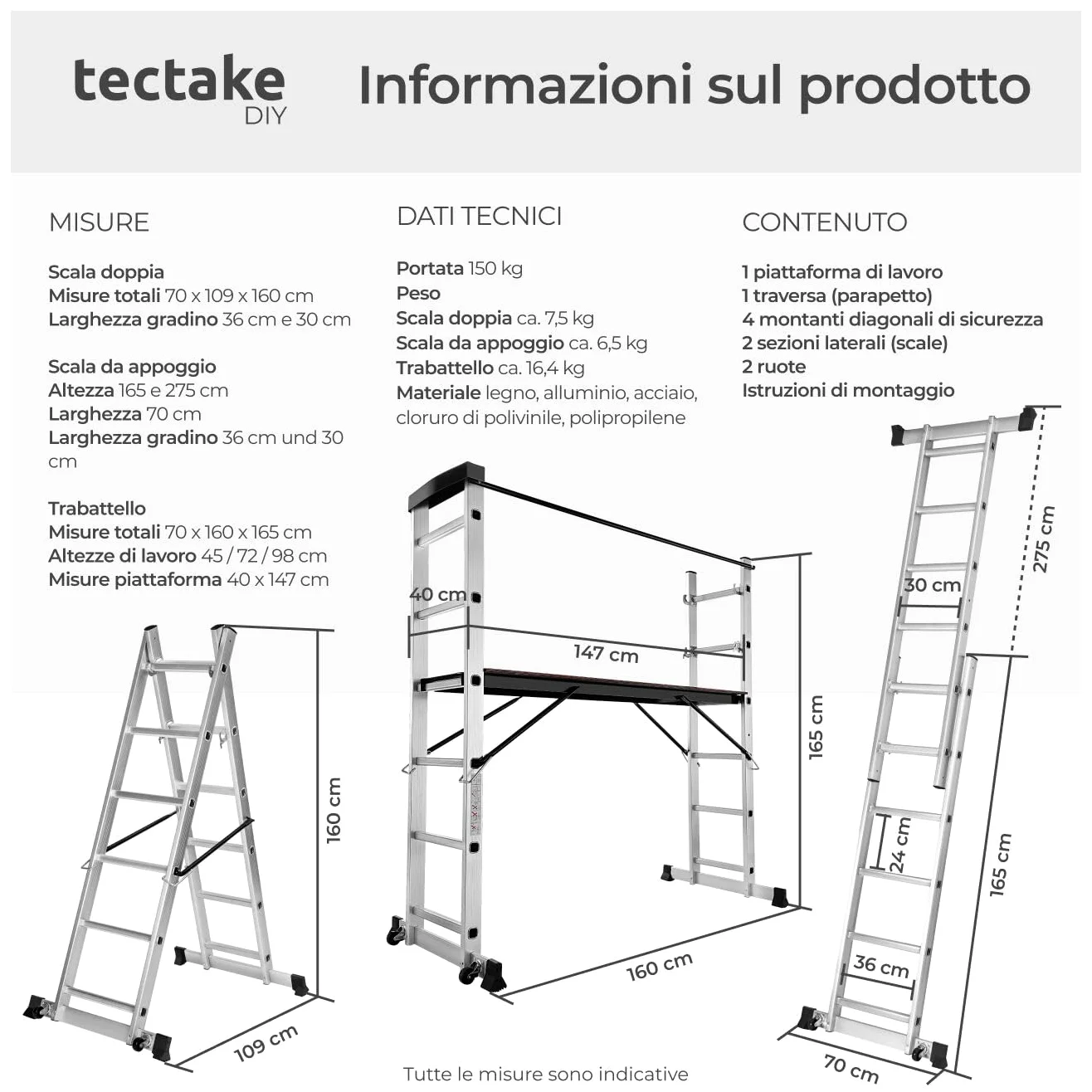 tectake® Scala Alluminio 4 in 1 Multifunzione con Piattaforma da Lavoro, Ponteggio da Lavoro con Ruote, Scala in Alluminio Pieghevole, Trabattello da Lavoro
