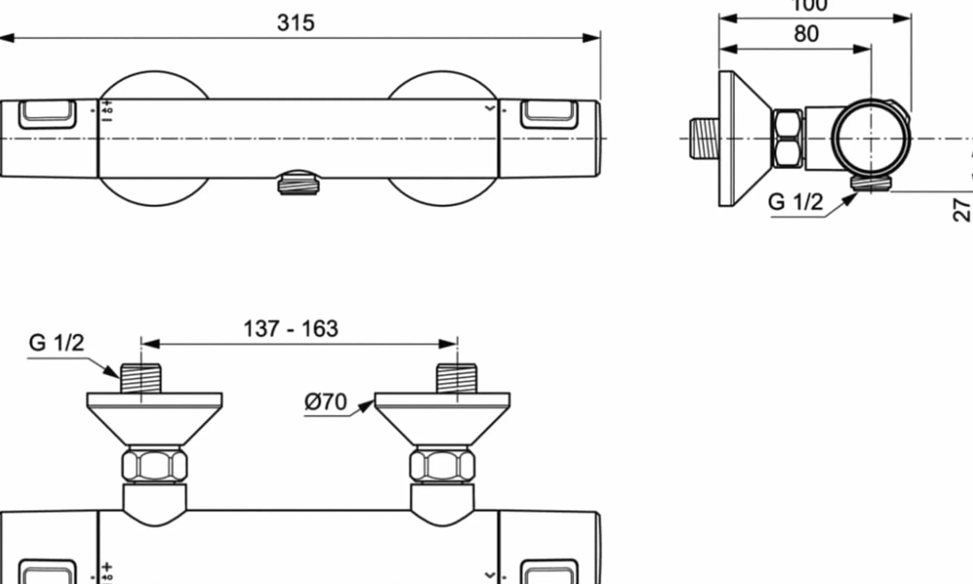CERATHERM T25 | Miscelatore doccia da appoggio 315x100x70 mm cromato, 22 l/min (3 bar) | Funzione termostatica, risparmio idrico ed energetico, CoolBody, blocco di sicurezza, certificato NF