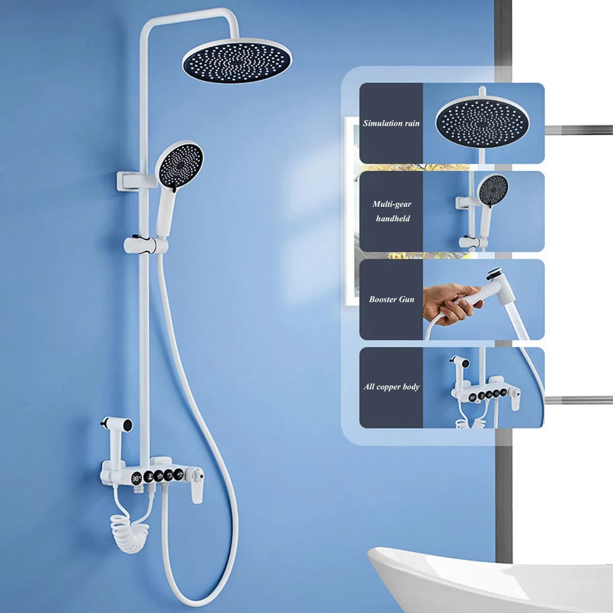 Soffione doccia combinato, soffione doccia a pioggia ad alta pressione da 25,4 cm, con braccio di estensione regolabile, funzione display digitale e soffione portatile a 3 impostazioni