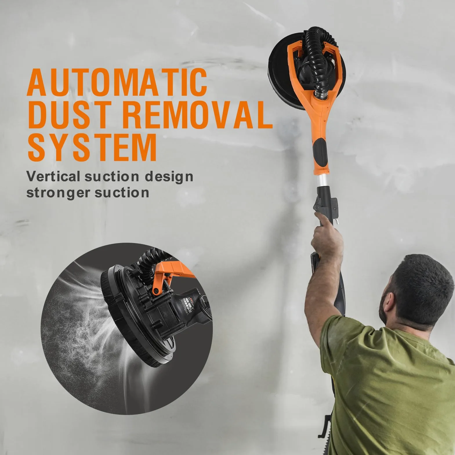 MAXXT Levigatrice per muro 20V senza spazzole: Sistema auto-aspirante, Velocità regolabile continua (600-1200 RPM), Disco da 225 mm, Pieghevole (estensibile 110-165 cm), Per pareti e soffitti