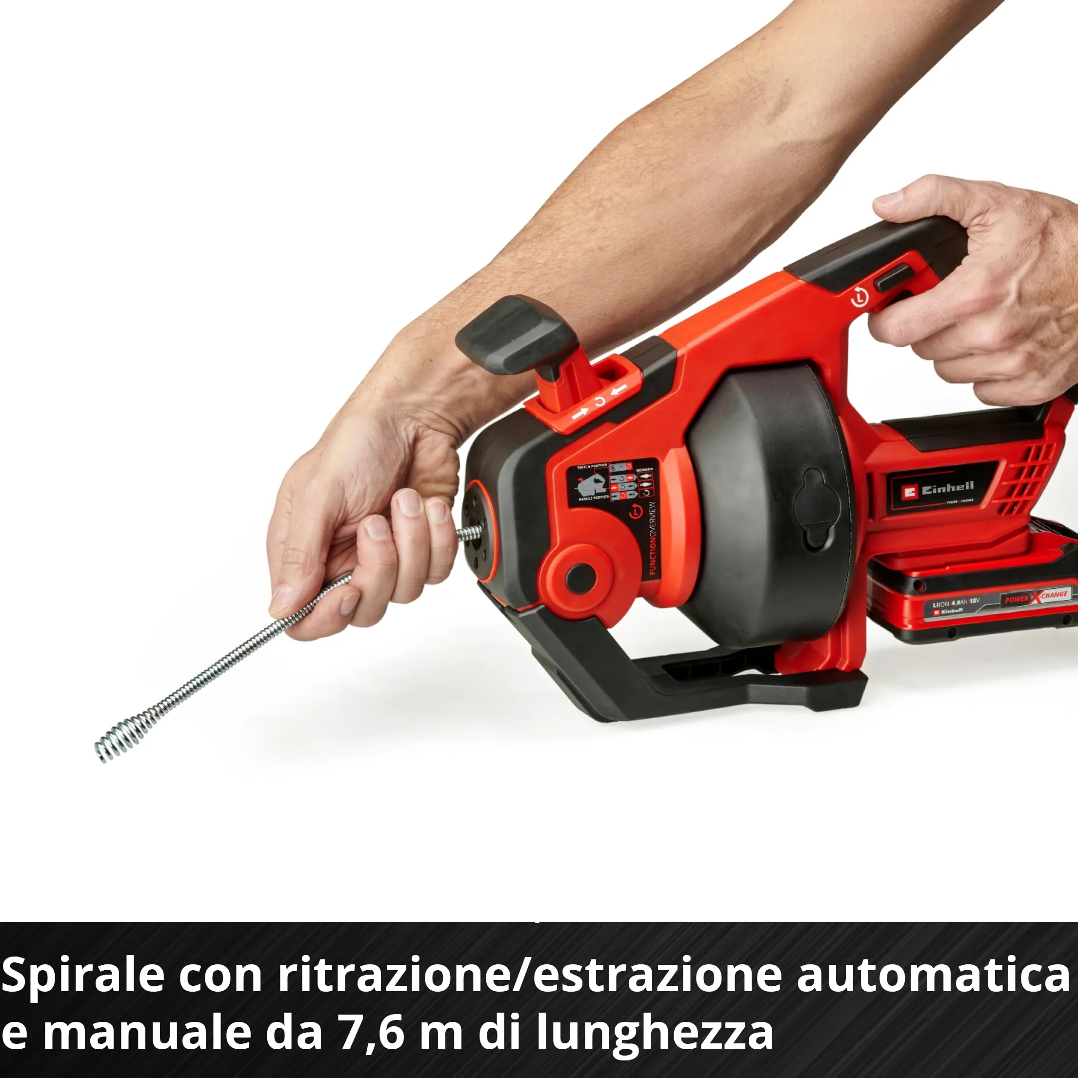 Einhell Detergente per tubi a batteria TE-DA 18/760 Li-Solo Power X-Change (18 V, Li-Ion, spirale di pulizia lunga 7,6 m, adatto per tubi di diametro 16-55 mm, fornito senza batteria e caricatore)