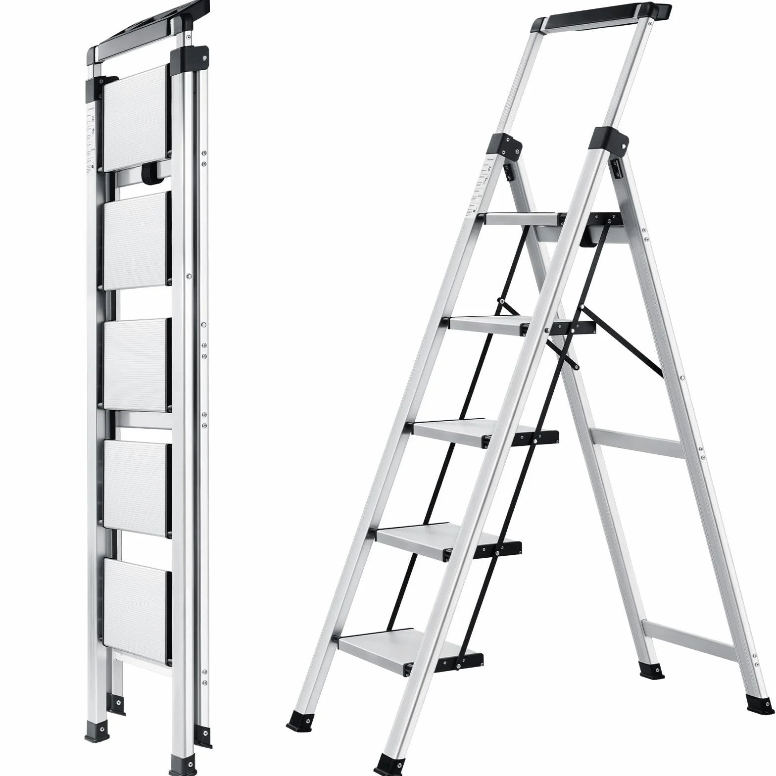 XinSunho Scala Alluminio 5 Gradini, Scaletta Pieghevole con Vaschetta Portaoggetti e Corrimano Estraibile, Scaletta 5 Gradini Antiscivolo, Per Uso Domestico e Lavorativo, Portata 150 kg