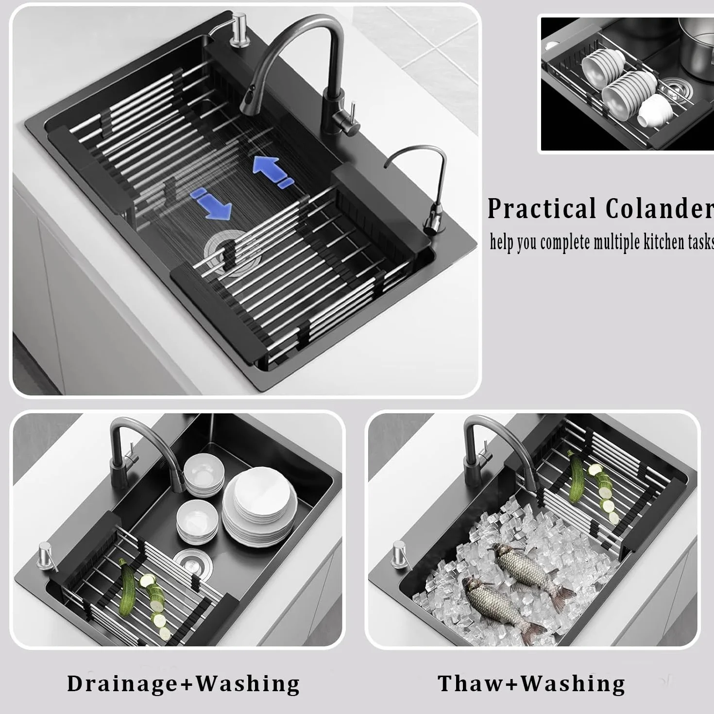 Lavandino Cucina Nero 60 x 45 cm, Lavello Cucina 1 Vasca in Acciaio Inox, Lavello Sottotop o Sopratop Con Rubinetto Estraibile/Dispenser Sapone/Scolapiatti/Rubinetto Acqua Depurata (Nero, 60x45cm)