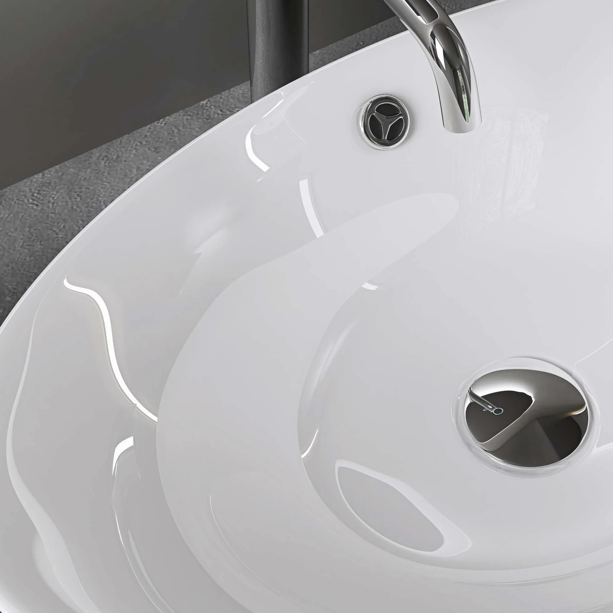 doporro Lavabo Ovale da Appoggio in Ceramica Bianco Lucido 59x38,3x19,2 cm, Lavandino Bagno con Troppopieno Effetto Loto Brüssel818