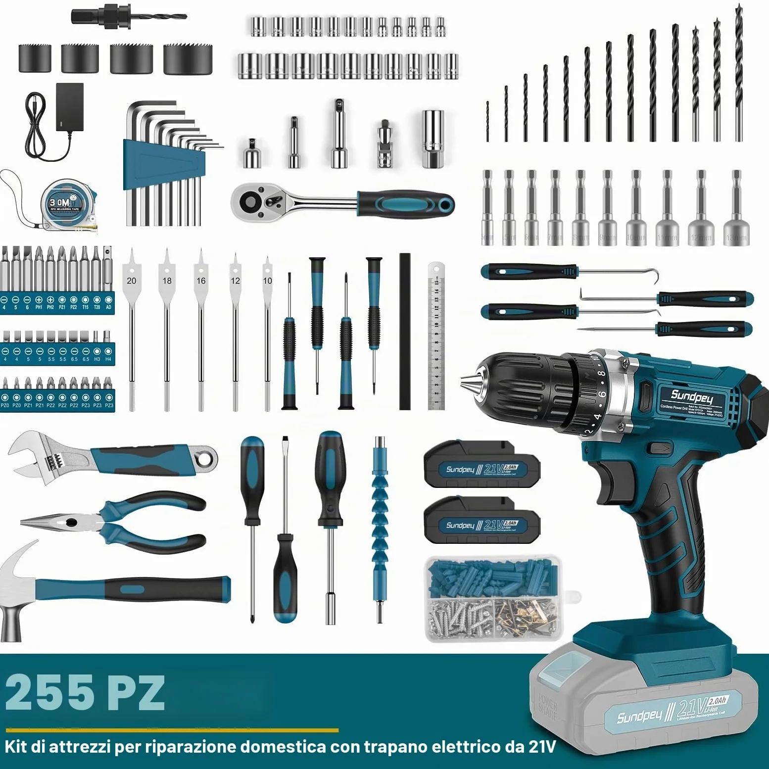 Sundpey Cassetta Attrezzi Completa 255 Pezzi con Trapano Avvitatore Batteria 21V, Avvitatore a Batteria Set Attrezzi da Lavoro con Cassetto per la Casa e la Riparazione Dell'auto per Fai Da Te