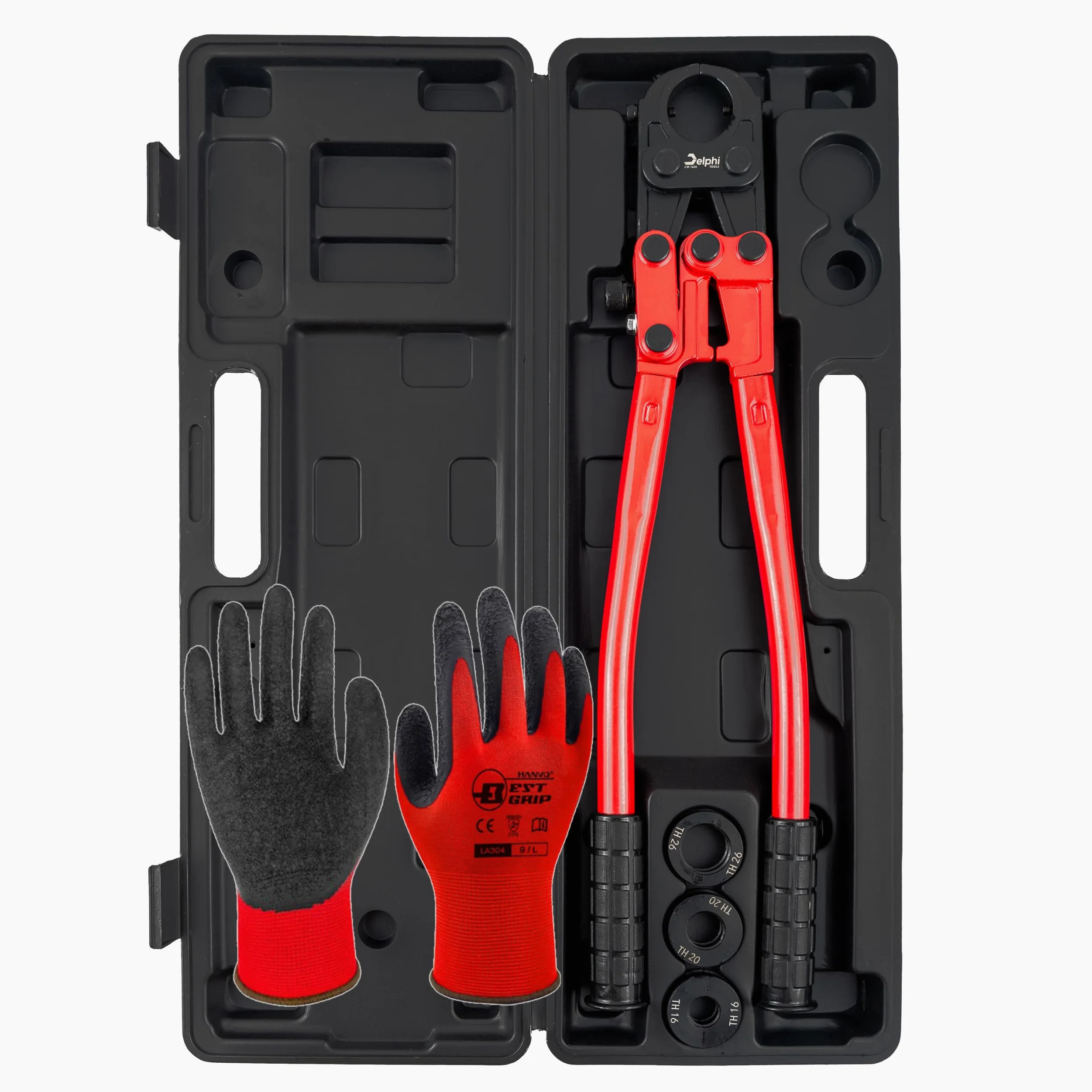 DELPHI Set di pinze idrauliche per tubi TH Ø 6-26 mm, pinza crimpatrice a 360°, con regolazione della pressione, pinza per tubi a pressione professionale, strumento di base idraulico manuale per tubi