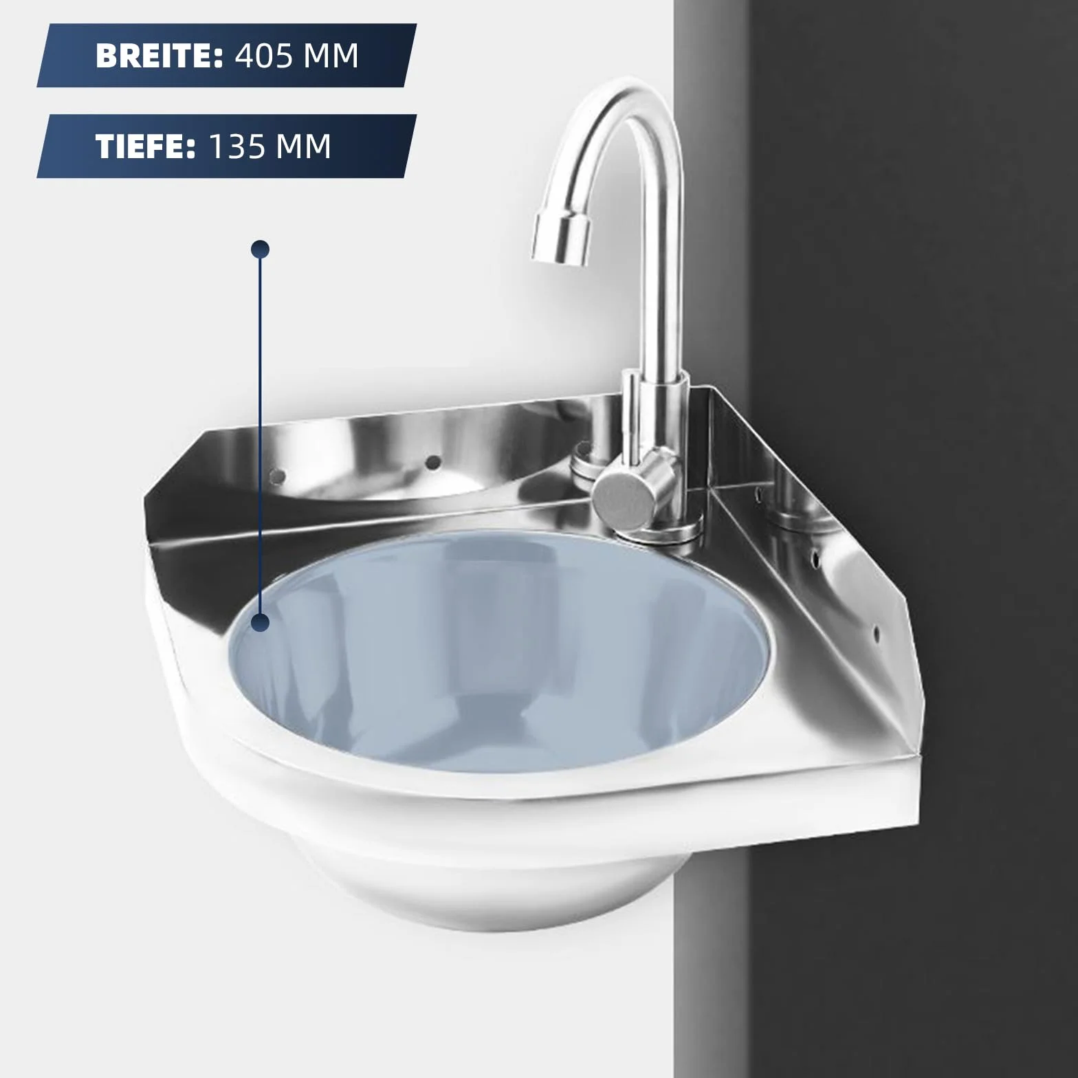 Lavabo ad Angolo in Acciaio Inox, Lavabo da Parete Triangolare, Lavello in Acciaio Inox con Rubinetto Acqua Calda e Fredda, Salvaspazio per Bagno, Camper, Barca, WC, Garage