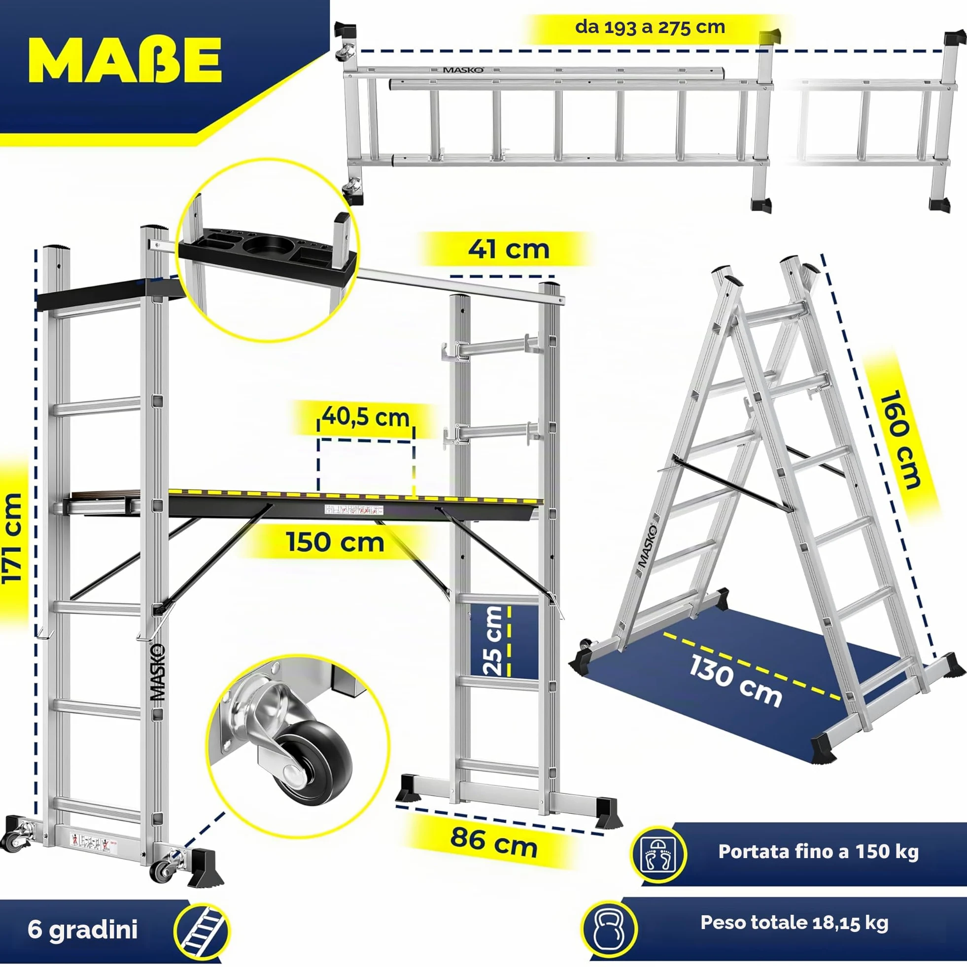 Masko® Ponteggi Telaio in alluminio Struttura Scala da ponteggio, Piattaforma lavoro | Caricabile fino a 150 KG | Rivestimento antiscivolo | | Testato GS (EN 131)