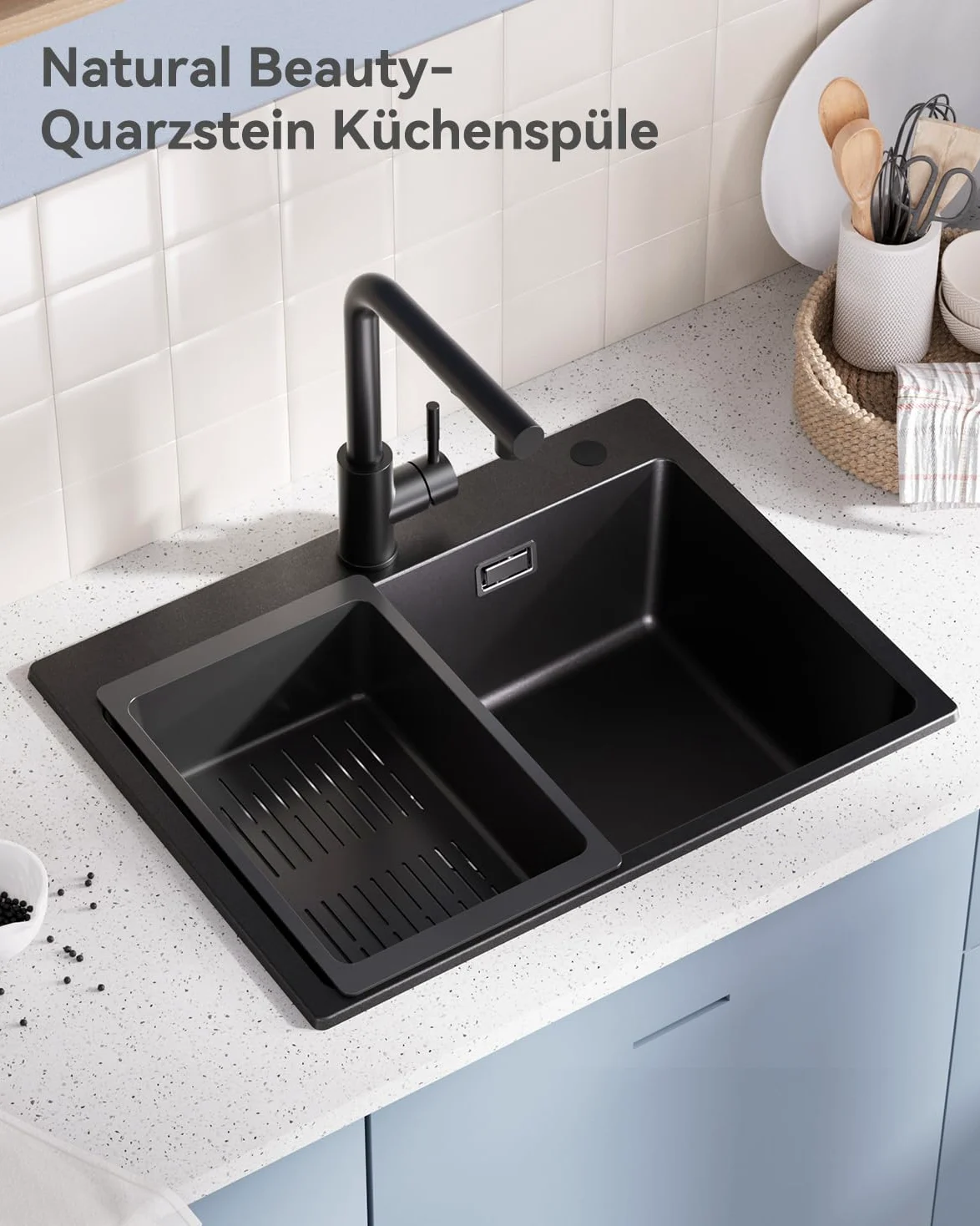 Lavello nero granito 60 x 45 cm, lavello nero, lavandino da cucina, grande lavello da cucina in granito, moderno lavello da incasso, rettangolare, singolo con 2 fori per rubinetto, 1 vasca
