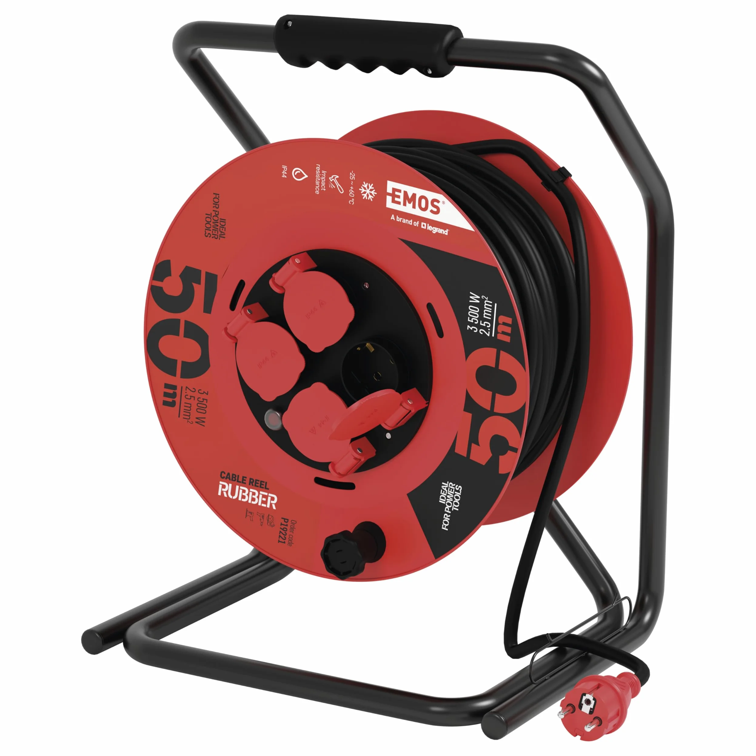 EMOS - Avvolgicavo da 50 m - 4 prese Schuko - impermeabile, resistente agli urti, resistente alle temperature - 230 V, 15 A, 3500 W - Isolamento in gomma - H05RR-F 2,5 mm2 - IP44 per esterni