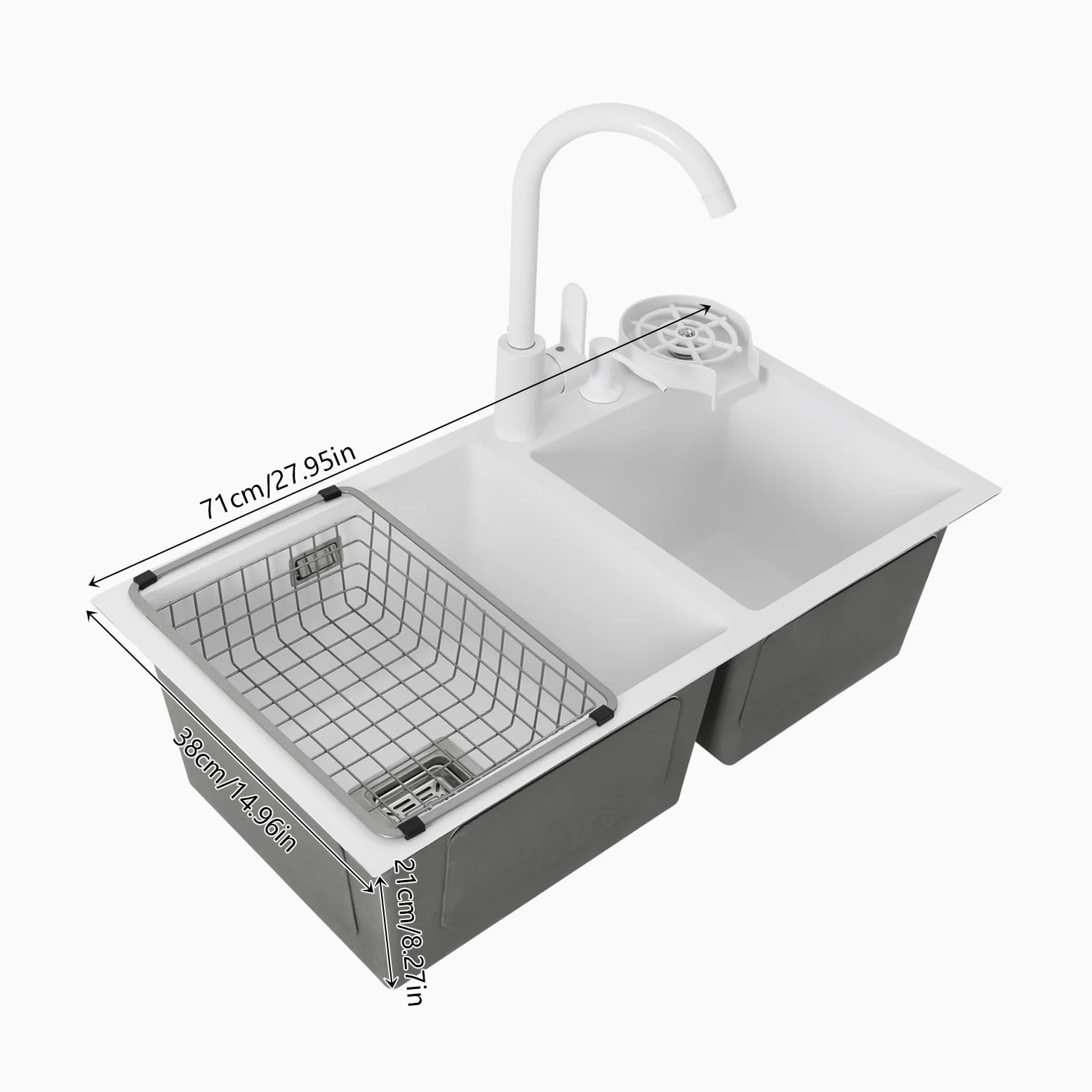 2 lavelli da cucina, 71 x 38 x 21 cm, colore bianco, in acciaio inox, con rubinetto per acqua calda e fredda, rettangolare, con sgocciolatoio, set di lavello da incasso, per appartamenti, ristoranti